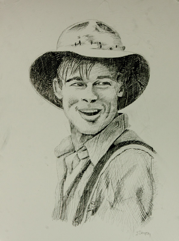 Graphite Portrait of Brad Pitt on a textured board.