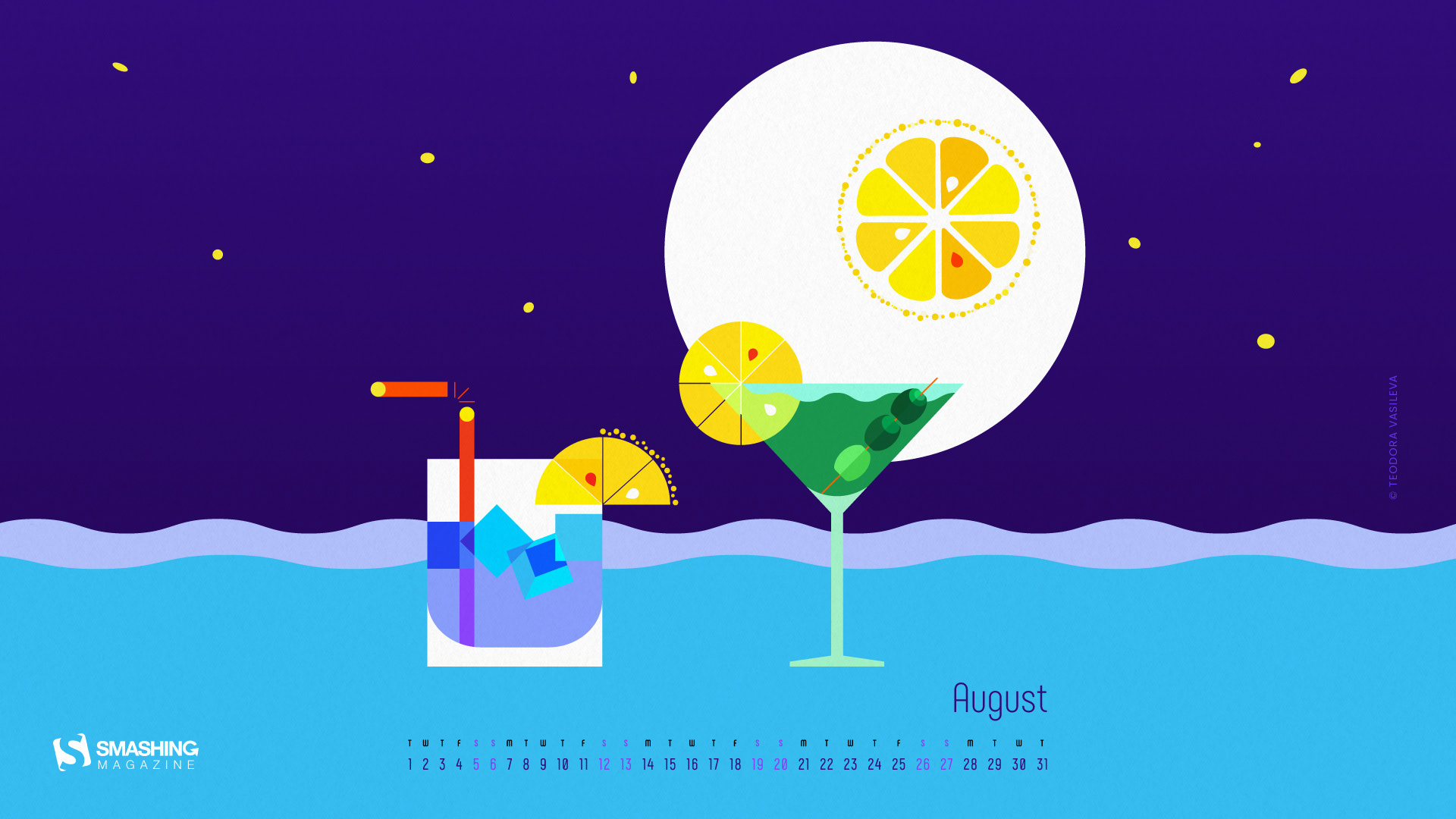 Vector illustration for August desktop wallpaper calendar featuring cocktails, citrus fruits and a colourful summer scene