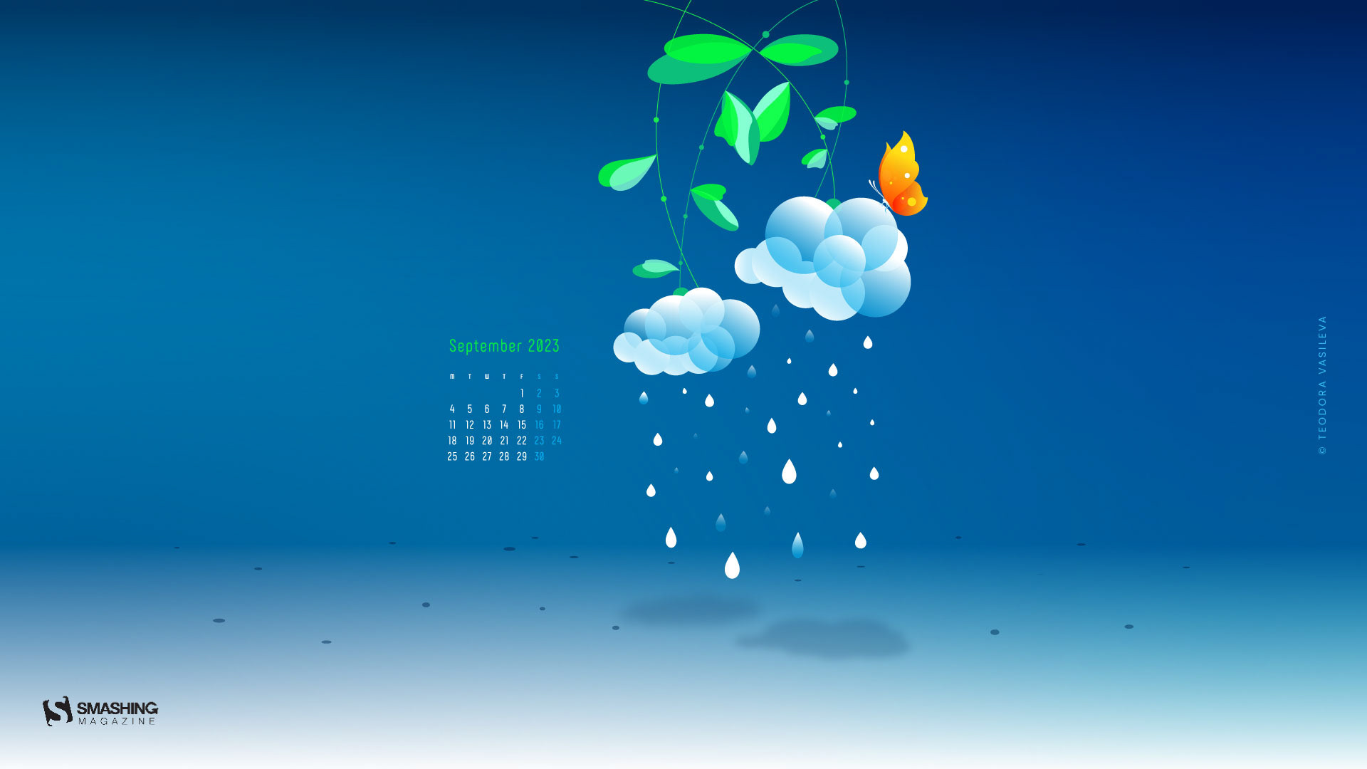 Vector illustration of clouds, rain and a butterfly with a September 2023 calendar