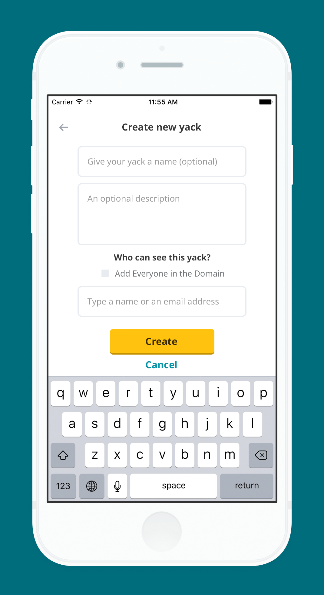 Yack.net Mobile app displaying dialog box for creating a new conversation