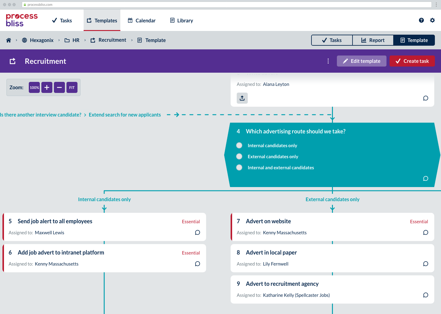 Viewing a template using branching logic
