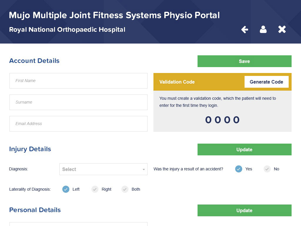 MuJo Physio Portal Web App: Login Screen