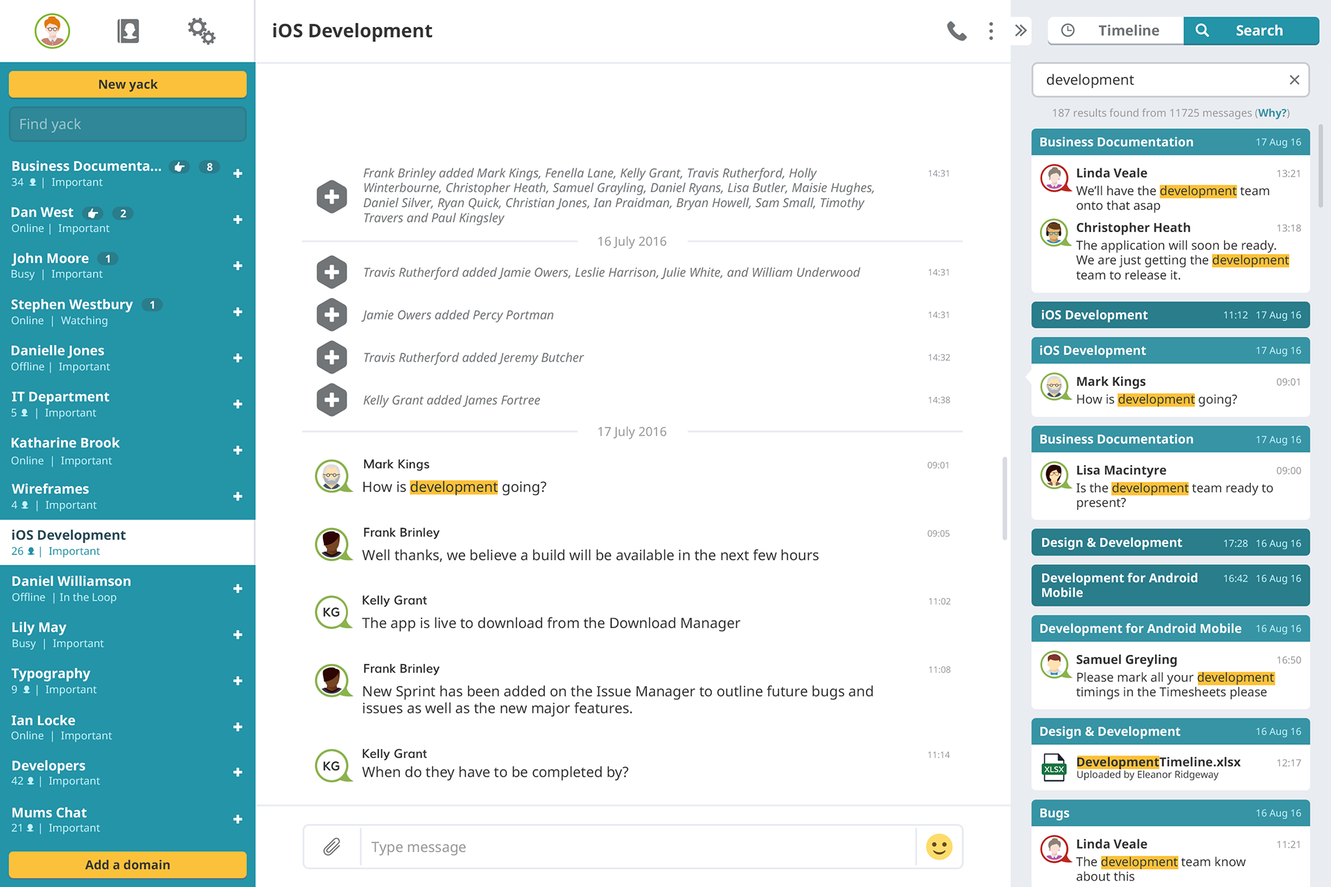 Yack.net Web app displaying search results