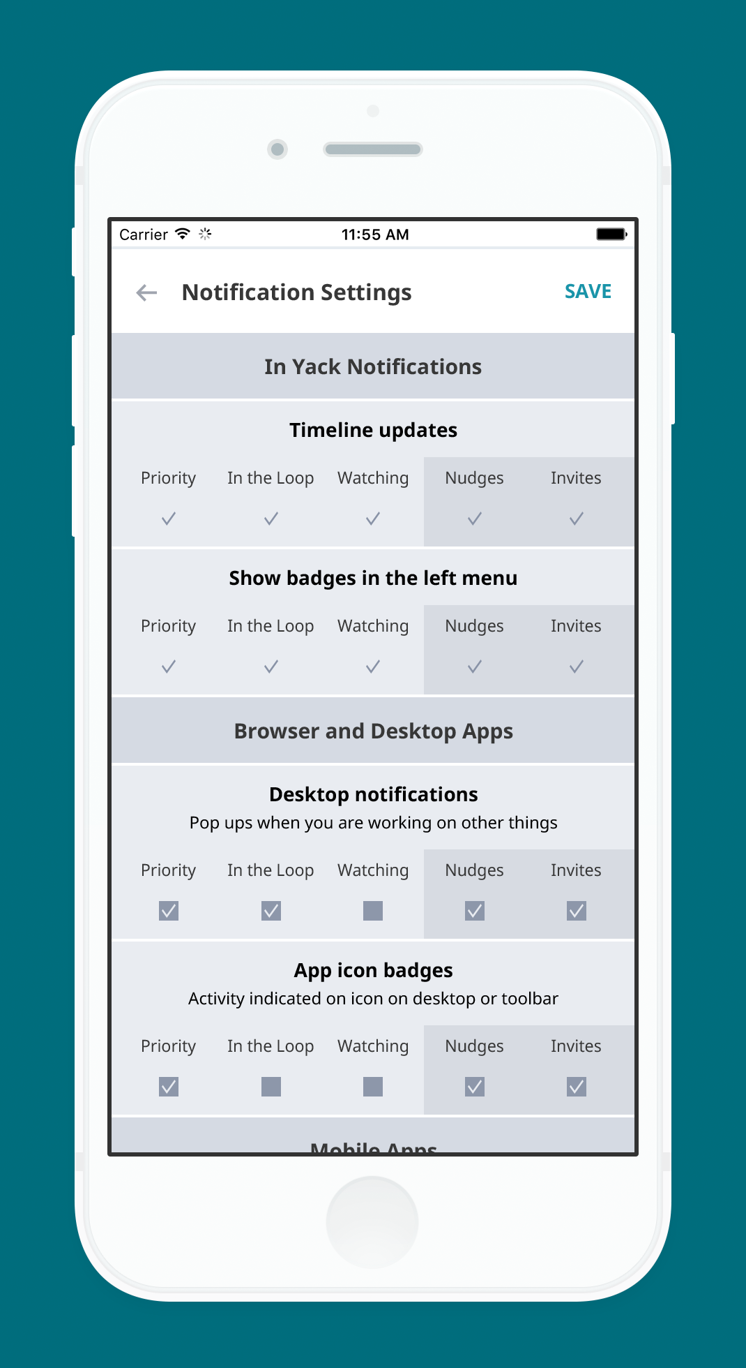 Yack.net Mobile app displaying app notification settings