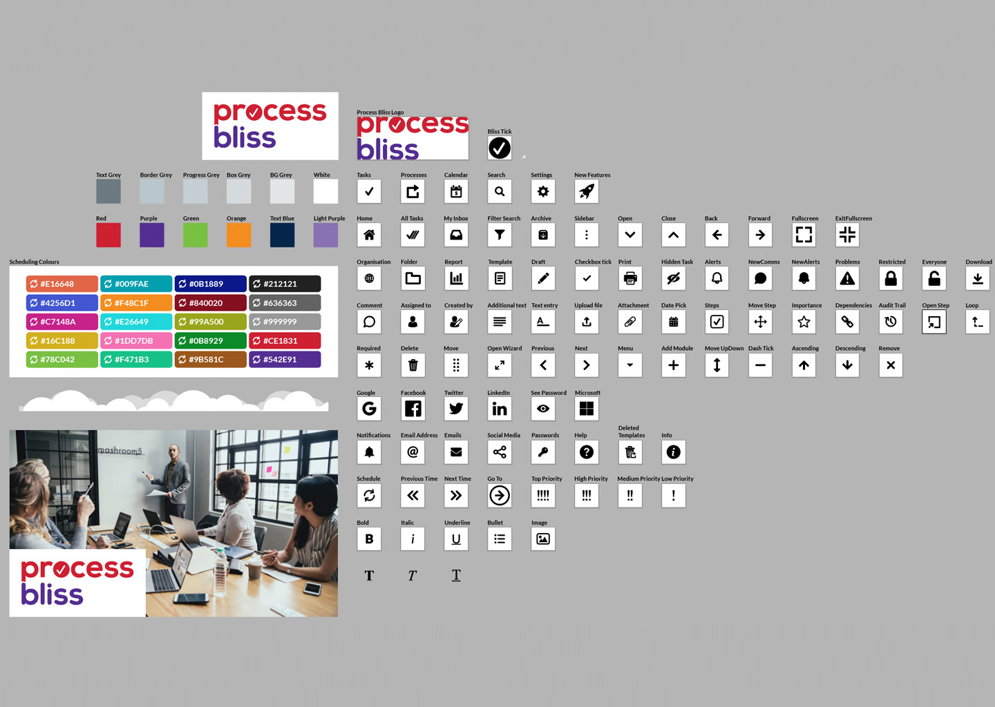 Process Bliss iconography, colours and logo in Adobe Illustrator