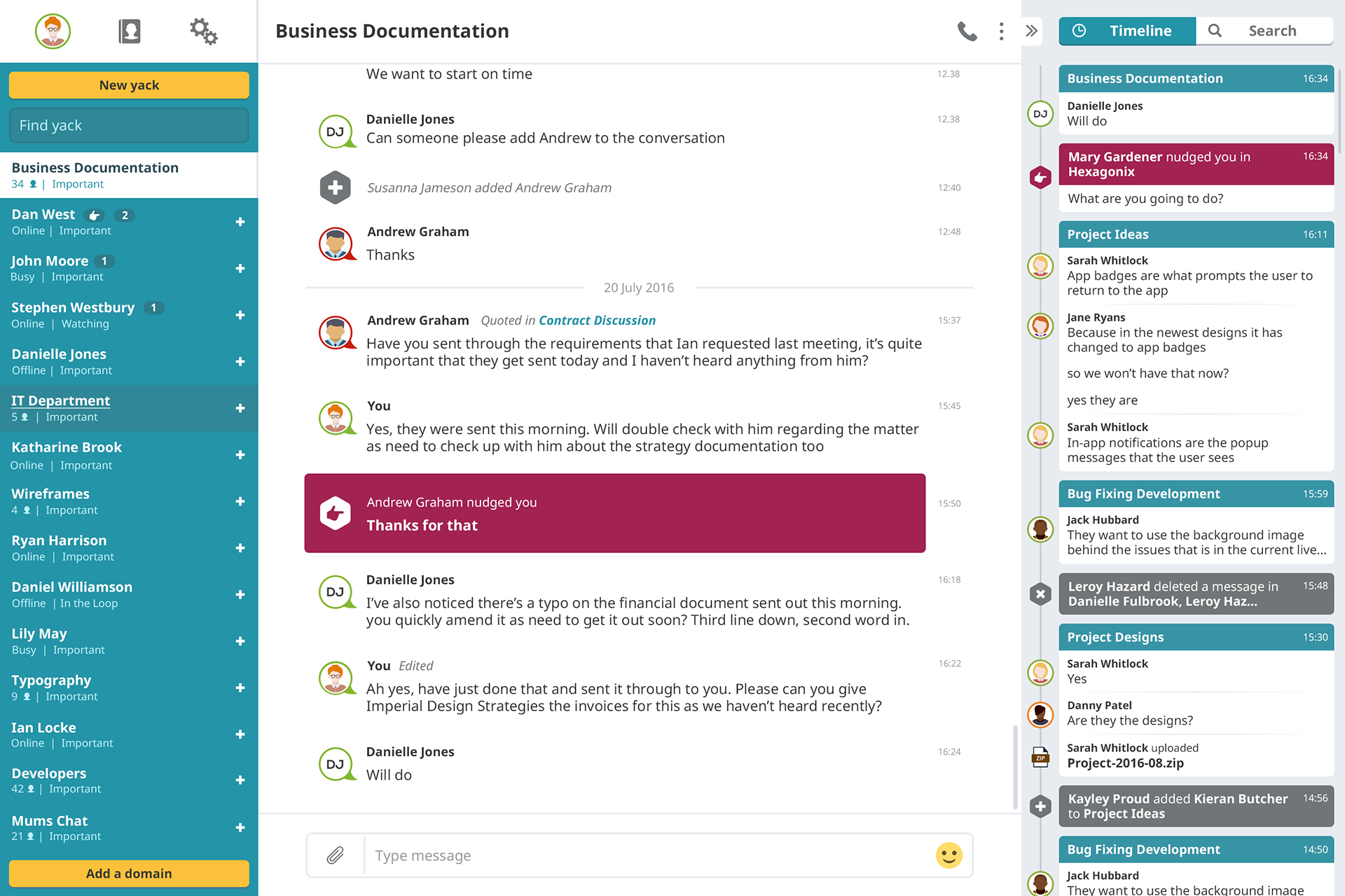 Yack.net Web app displaying conversation with timeline open
