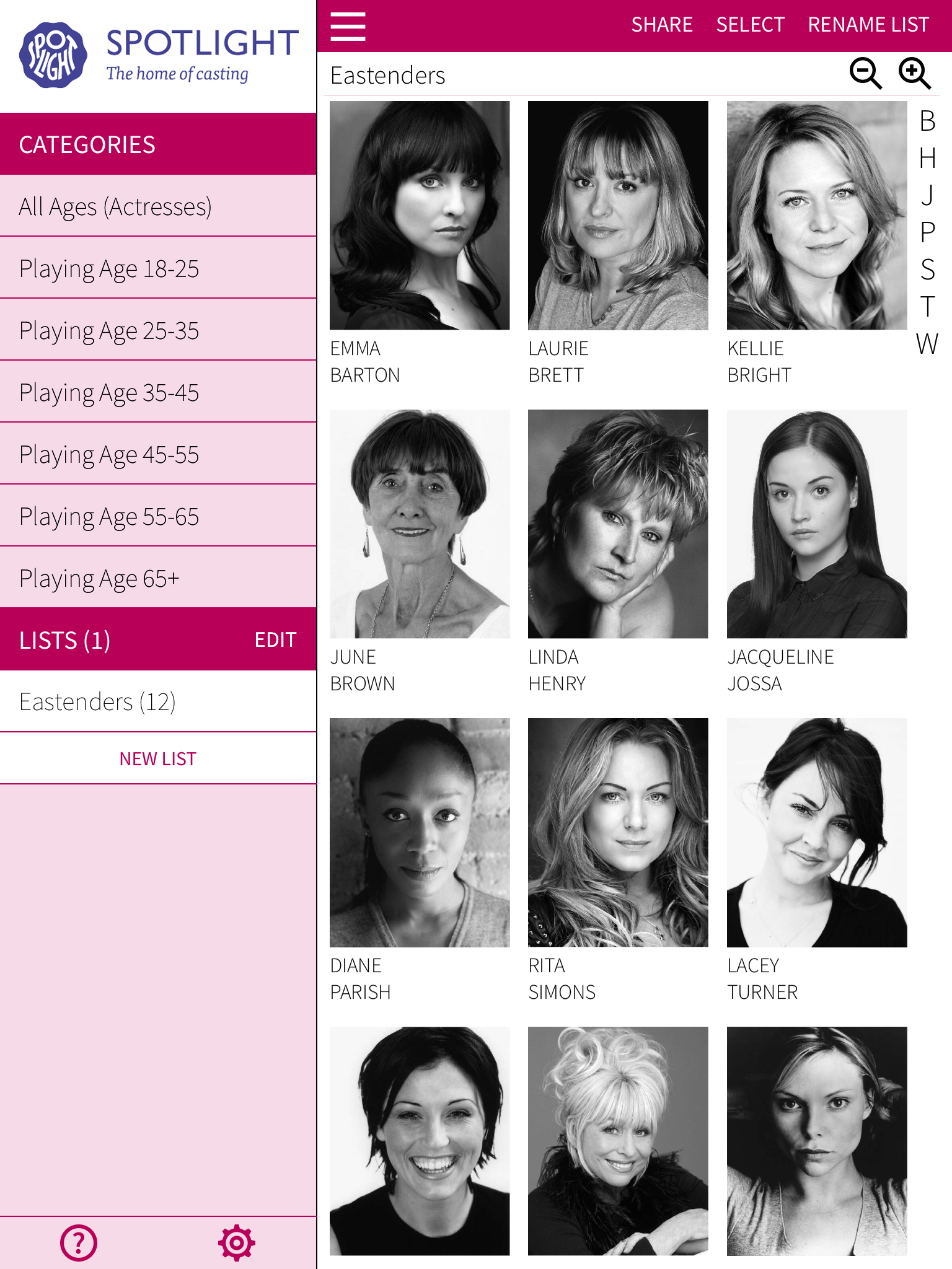 Spotlight Female Actresses App Listing with Menu