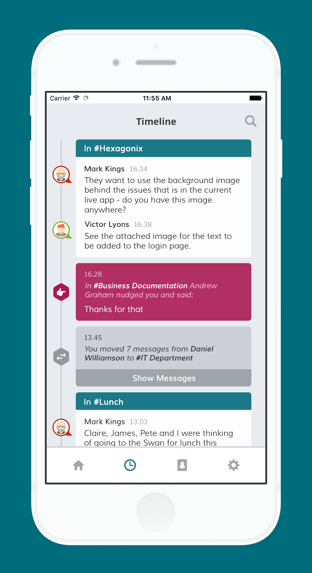 Yack.net Mobile app displaying timeline information