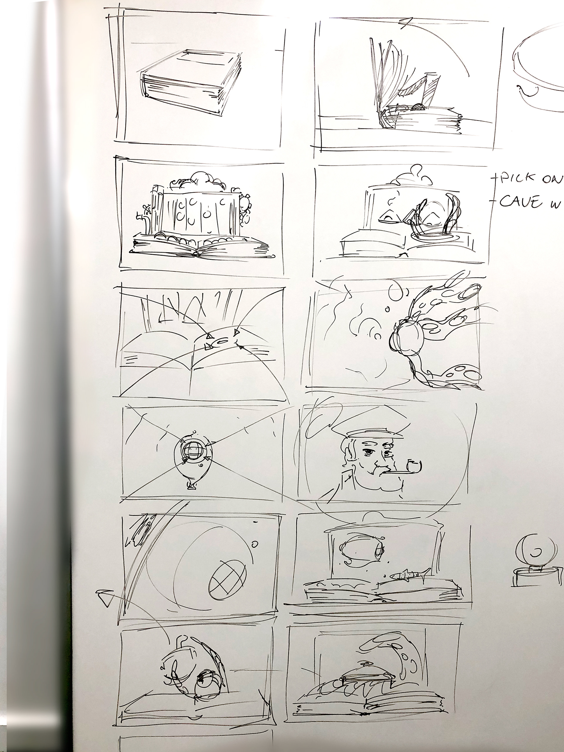 A more refined, later stage of the storyboard.