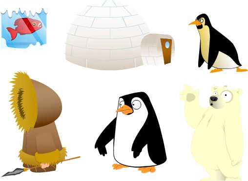 early character design - penguins, bears, igloos and eskimos