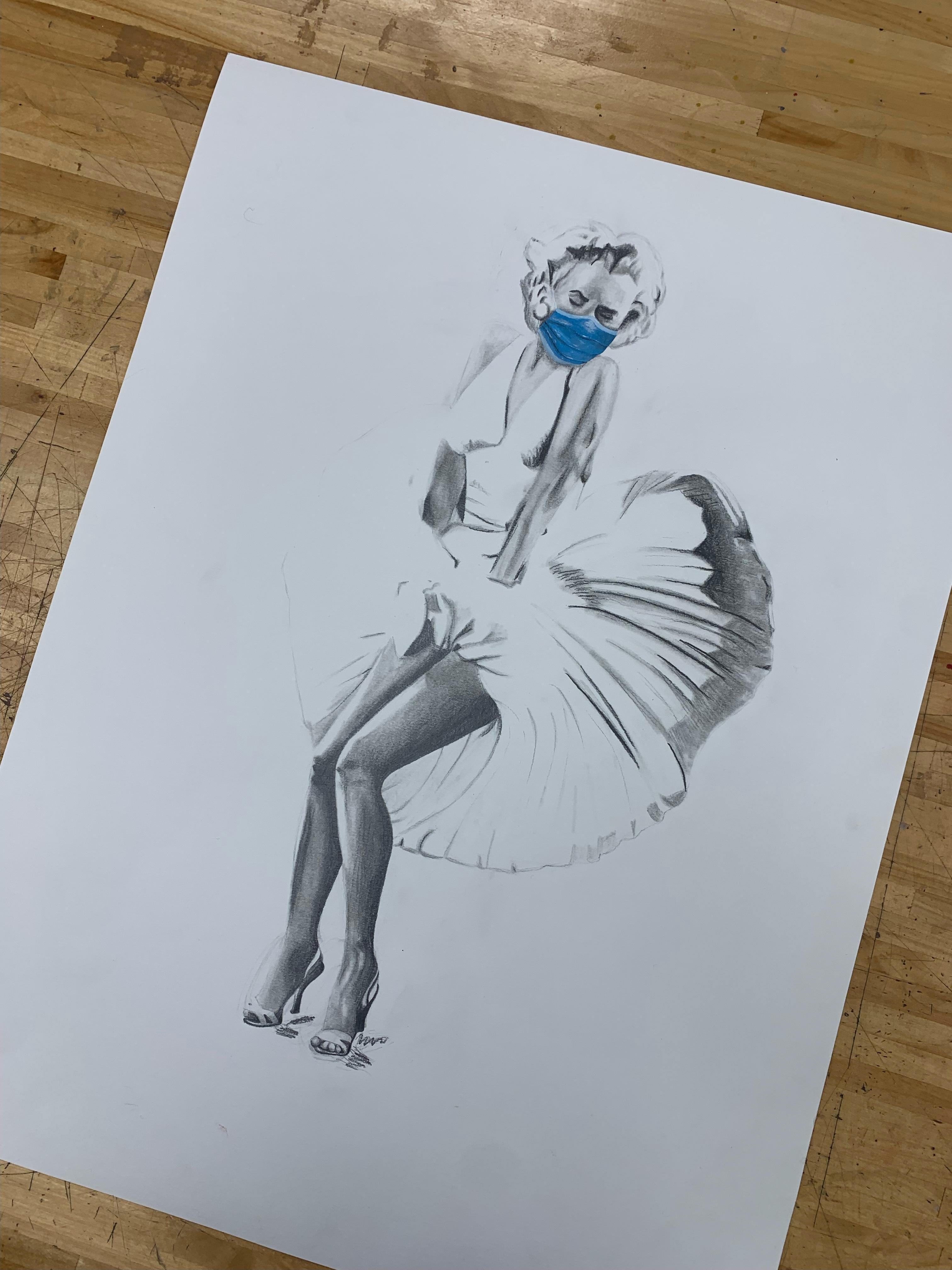 "Masked Marilyn" 18x24in Charcoal and Acrylic Paint