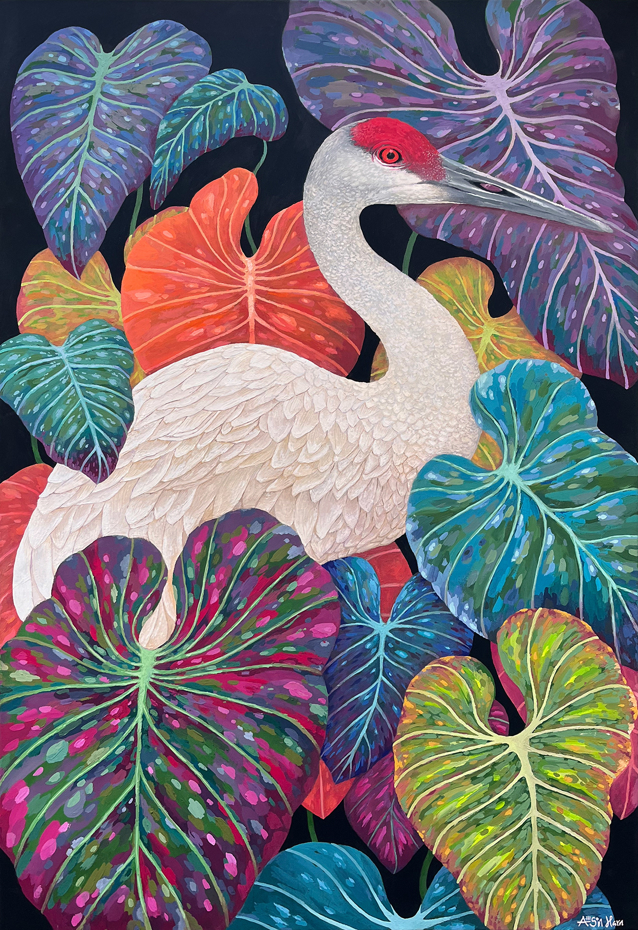 Living Wallpaper: This series features the sandhill crane, with its understated beauty, set against the almost neon-level vibrancy of painted philodendrons. The electric saturation of the plants evokes the bold, saturated colors that defined the 1980s, a time when philodendrons were everywhere, filling homes with their lush presence. I’ve always admired the elegance of the sandhill crane, a creature often seen in interior design textiles and ceramics, adding a sense of refined grace. The vibrant, almost surreal color palette of the philodendrons brings a nostalgic energy to the piece, blending nature’s beauty with the bold aesthetic of the era, creating a visual celebration of both memory and design.