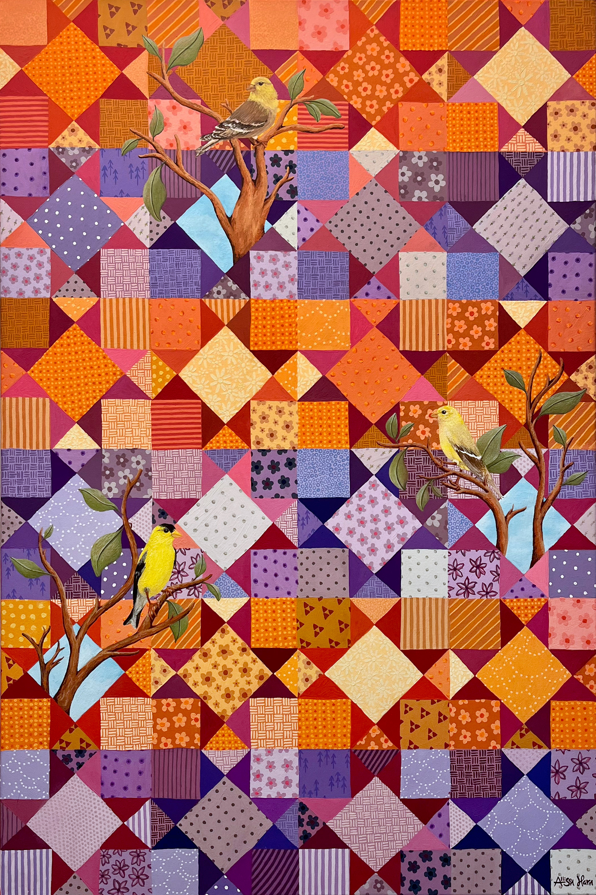 Family Tree: This painting weaves together the distinct yet interconnected legacies of my grandmothers, each embodying their unique passions and shaping the branches of my family’s history. On my paternal side, my grandmother's artistry in crafting vibrant, meticulously stitched quilts comes to life through the rich, layered textures and bold colors in the piece. On my maternal side, the goldfinches—small, brilliant bursts of yellow and gold—evoke the memory of my grandmother’s love for birds, whose delicate presence would grace the feeders outside her kitchen window, bringing a sense of tranquility and joy. The male and two female goldfinches featured in the piece also represent myself, my husband, and my daughter, capturing the unity of our family alongside the legacies of both sides of my heritage. This painting honors both the nurturing, artistic energy of my grandmothers and the deep roots of love and connection that continue to grow in our family tree.