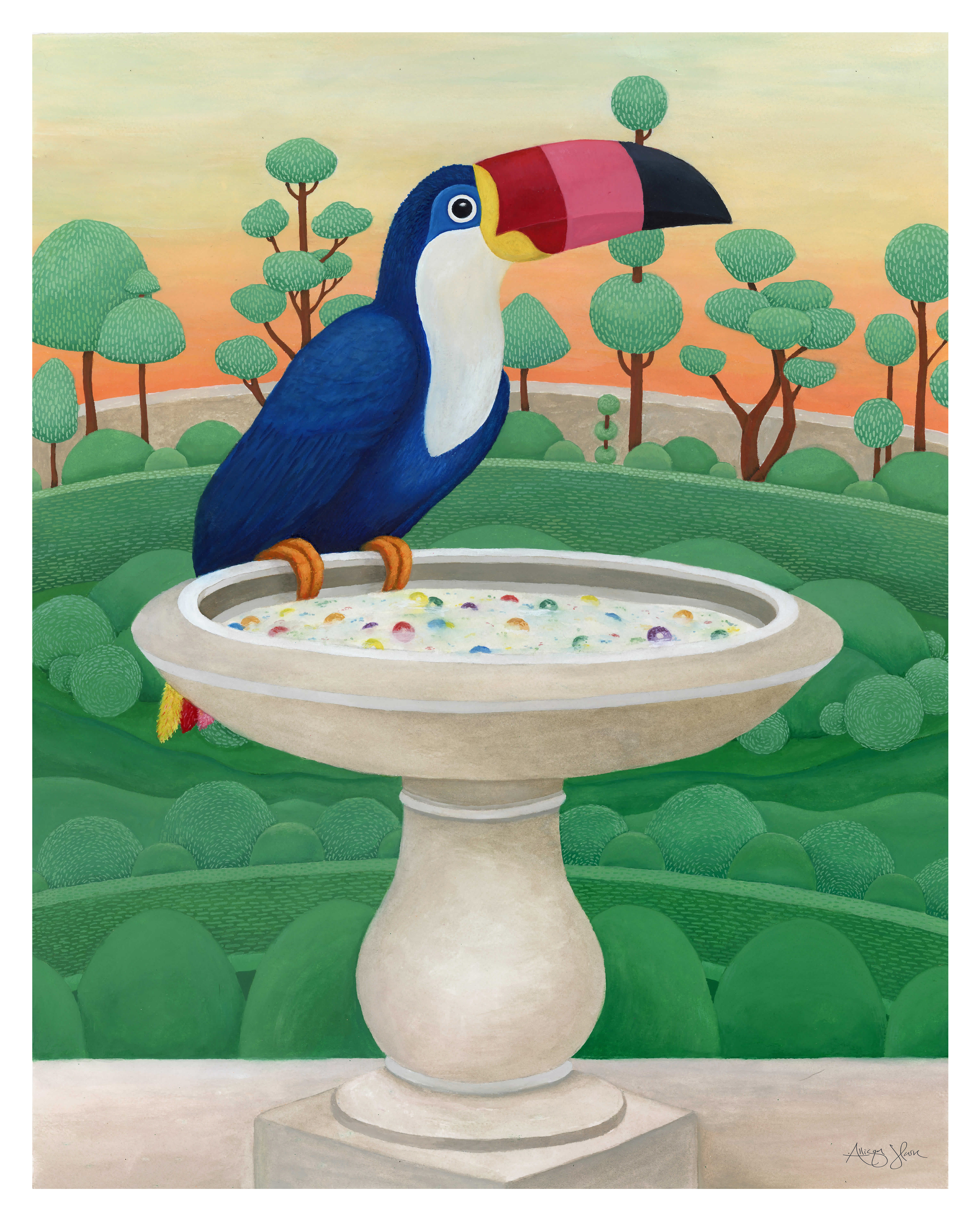 Featuring the colorful Toucan Sam, this piece brings a playful twist to the familiar mascot. Set within an elegant topiary garden estate, the toucan indulges in a whimsical cereal bath, a quirky take on the familiar brand image surrounded by nature’s beauty.