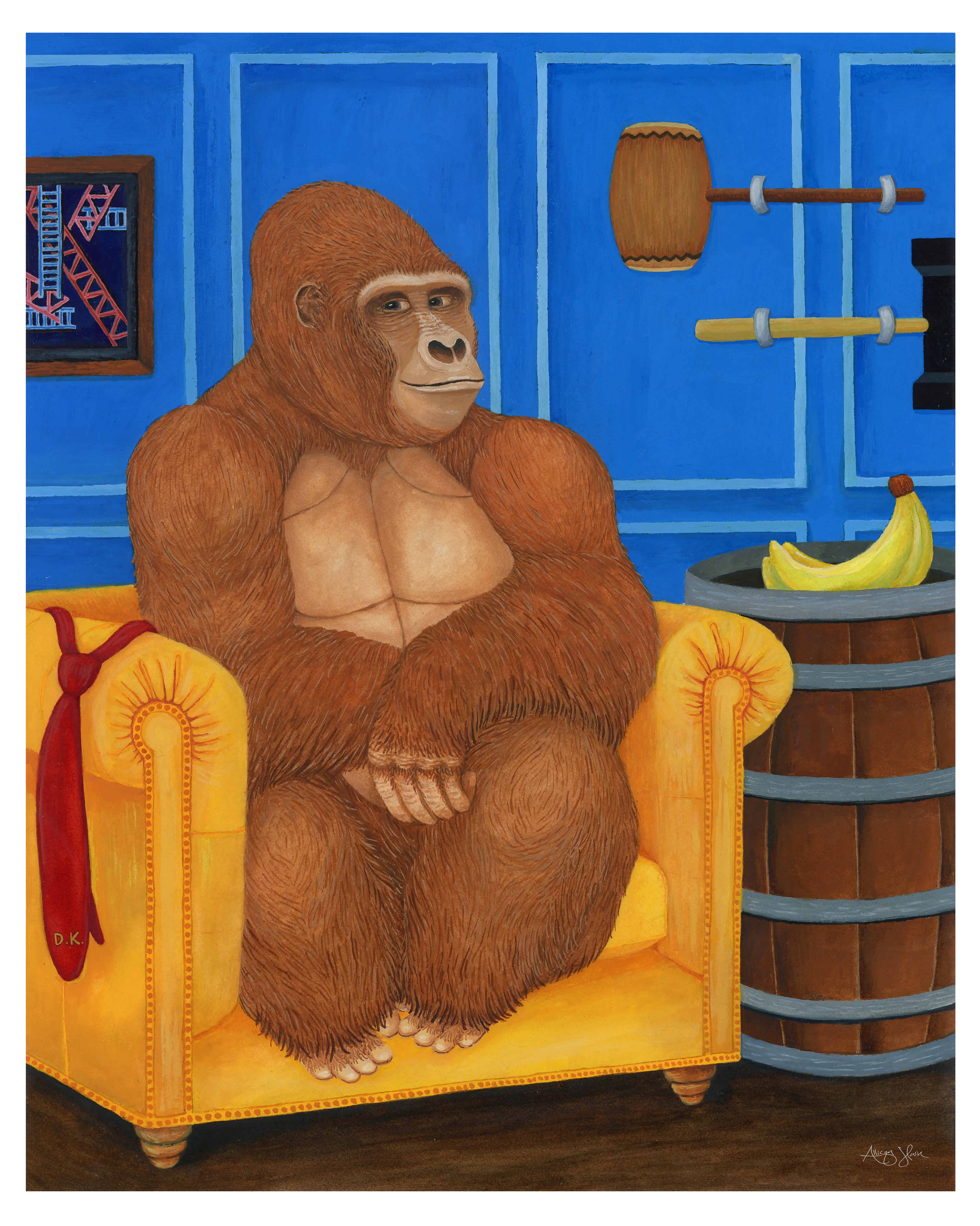 In this piece, Donkey Kong is captured lounging comfortably in a study, a surprising contrast to his usual energetic persona. Hidden references to the original game and other video game appearances are subtly integrated throughout the scene, blending nostalgia with a sense of relaxed sophistication as the iconic character enjoys a quieter moment.