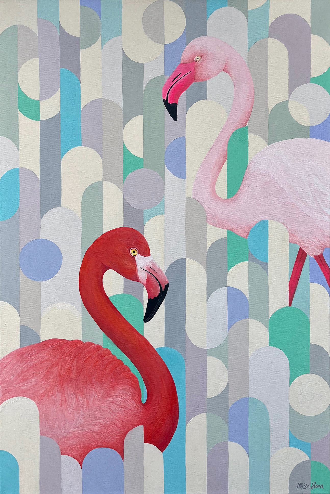 The White Room: Flamingos, my mother’s favorite birds, are paired with her love for mid-century modern design in this piece, reflecting her career in interior design and the influence it’s had on my use of pattern. The "White Room" itself was a place we were never allowed to play in at my grandmother’s house—the formal living room, with its soft, almost muted color palette, was a space of quiet elegance. The room’s mantle was always adorned with beautiful ceramic birds, a detail that has stayed with me and is woven into this work as both a tribute to my family’s aesthetic and a reflection on the contrast between childhood playfulness and the stillness of grown-up spaces. The circular pattern featured in this piece was created by using a child's drinking cup—an object that was never allowed in that room—adding an element of rebellious nostalgia, as if reclaiming a piece of that childhood joy within the boundaries of adult formality.