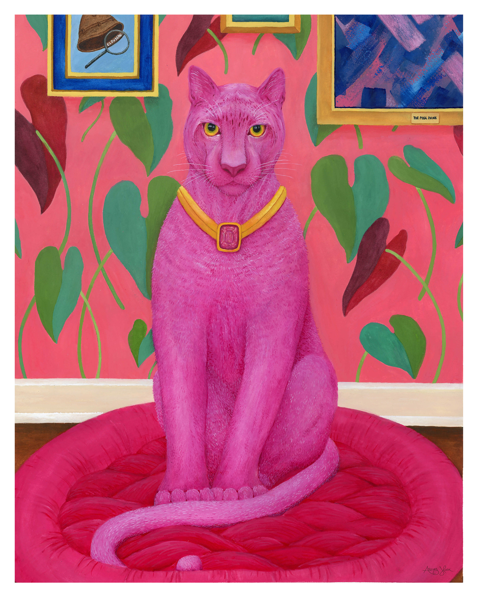 This artwork centers on the iconic Pink Panther, blending subtle nods to both the classic films and animated series, while reimagining the panther as an unexpected house pet. The piece plays with the contrast of the suave, mischievous character within the mundane setting of domestic life.