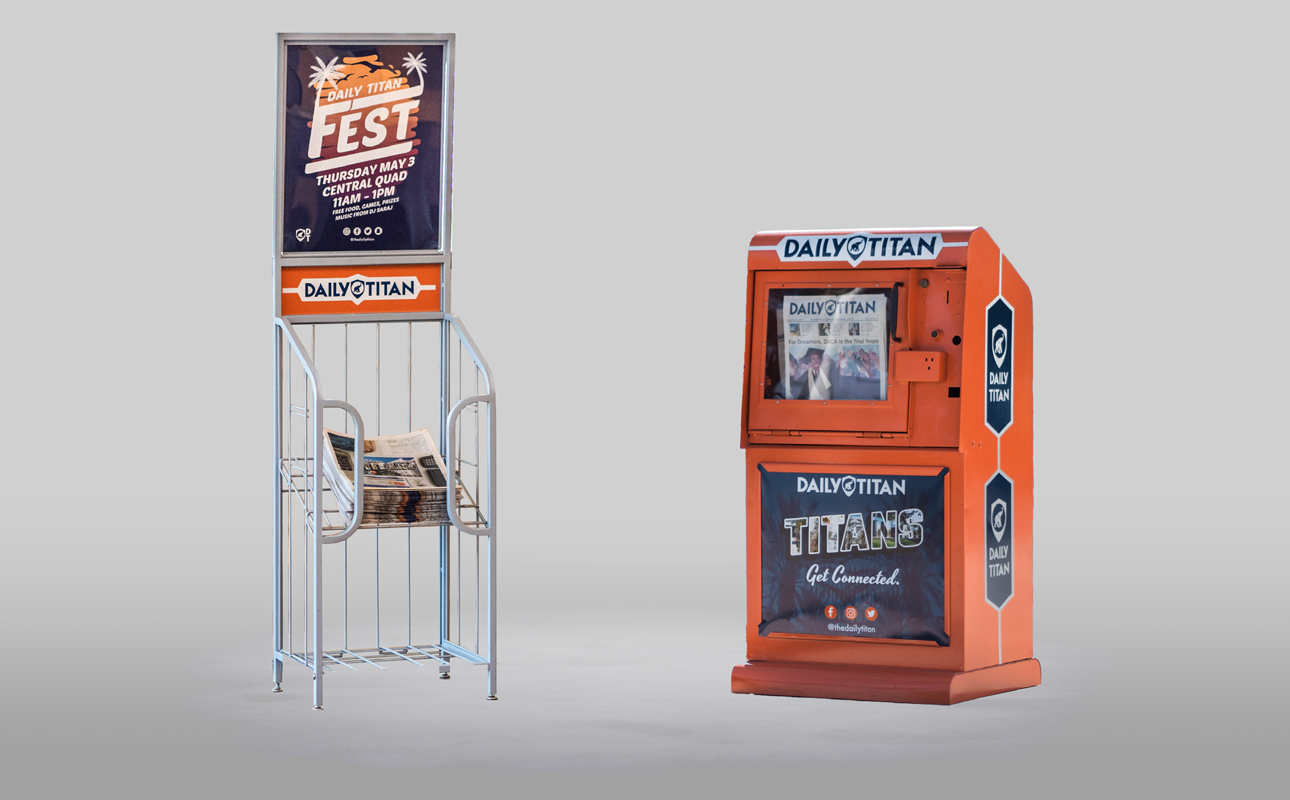 Newspaper stand redesign with engaging colors and decals to elevate interaction In results, the pickup rate was increased by 12% across the CSUF university campus (Daily Titan).