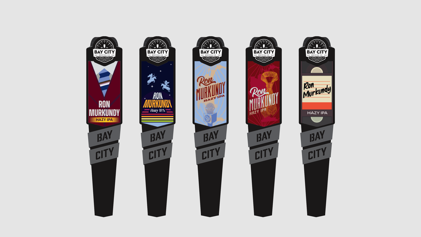 Anchorman-themed beer tap sticker design concepts for Bay City Brewing Co. (Mindgruve)