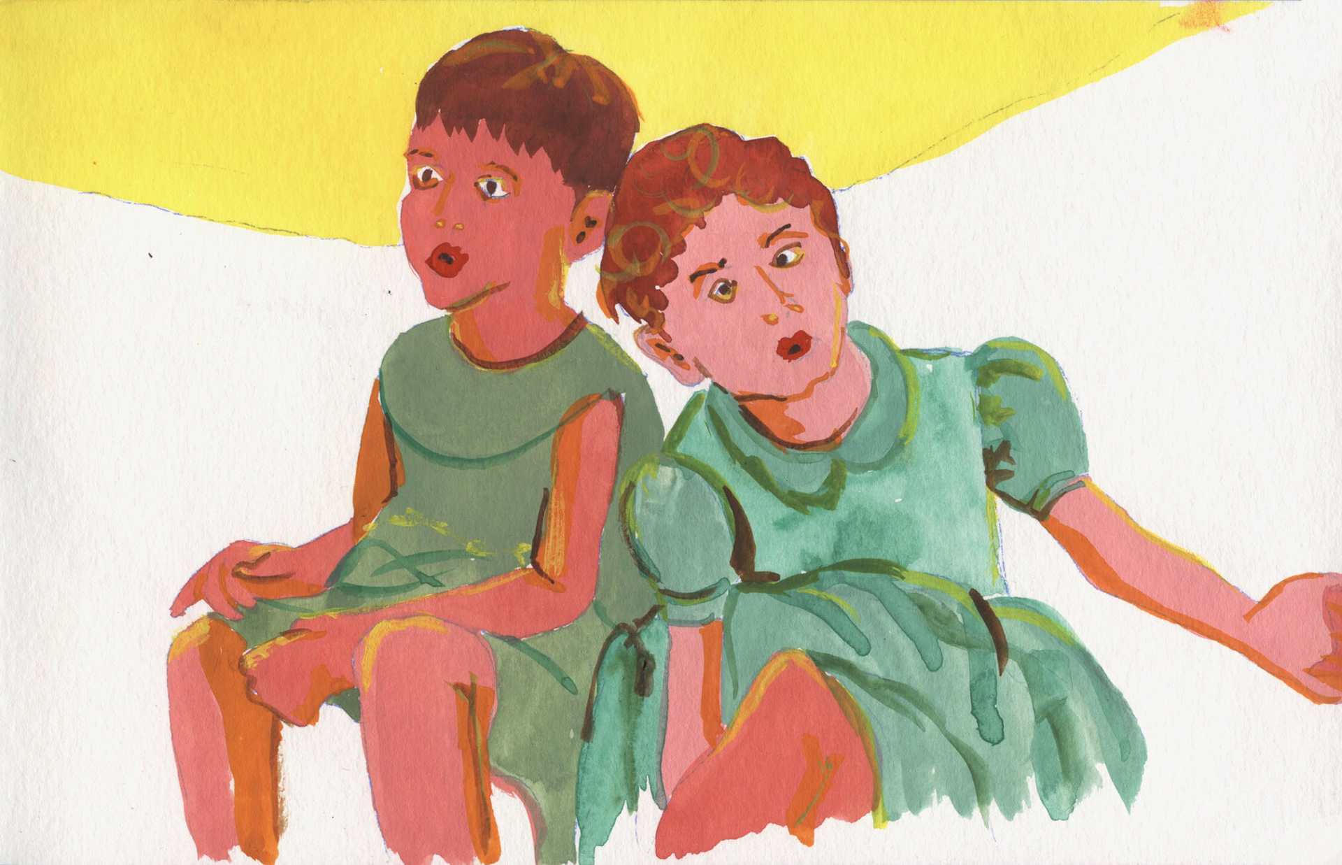 Were We Ever Sisters? Gouache on sketch paper. 5"x7". 2022.