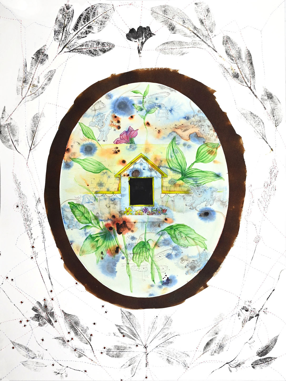 Portal. 2023. Watercolor, ink and botanical prints on paper. 18"x24".