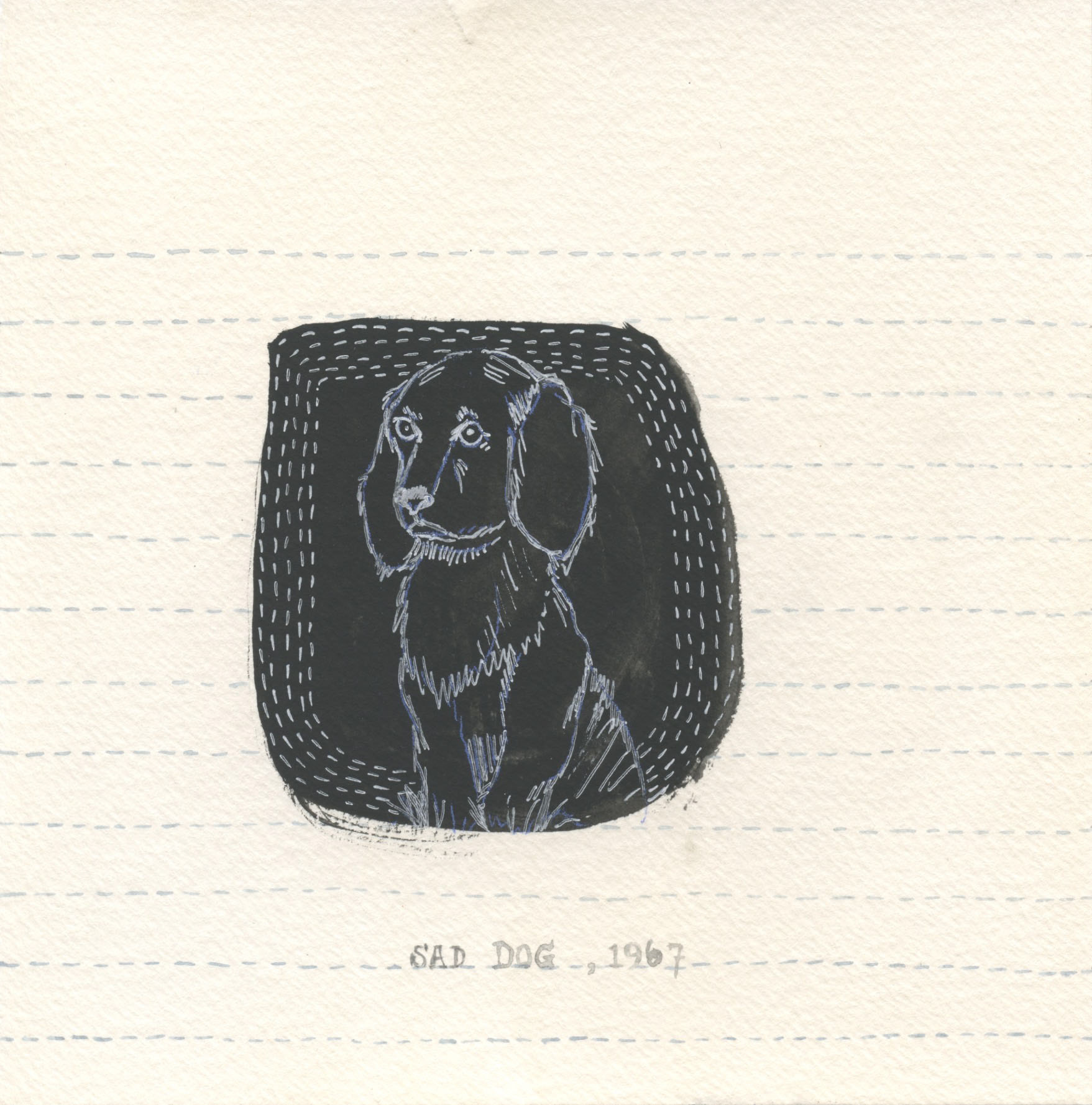 Sad Dog, 1967. 2023. Watercolor, pen and gouache on tea-stained paper. 6"x6".