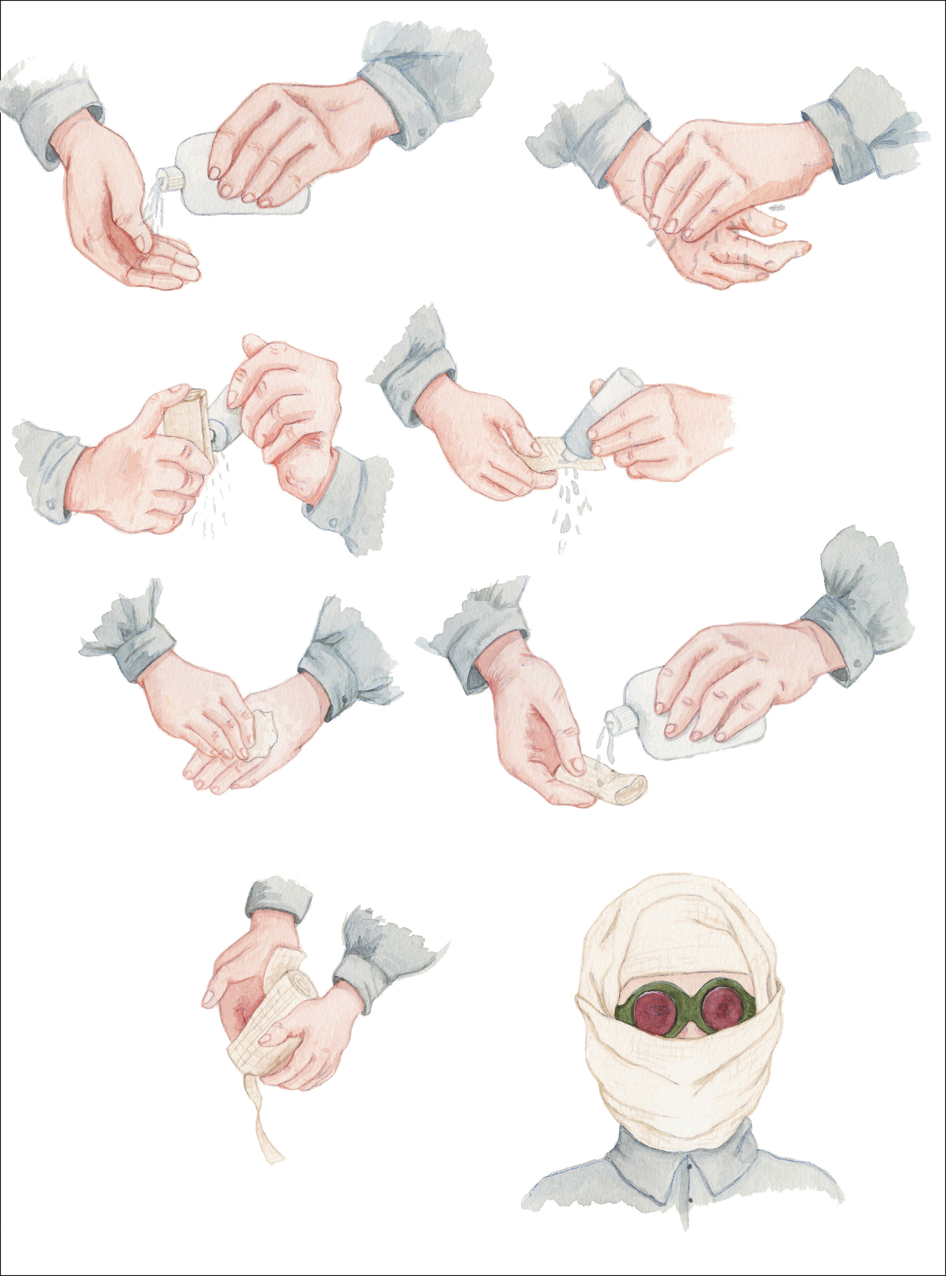 Make Proper Use of Hand Sanitizer. Watercolor on paper. 12"x16". 2022.