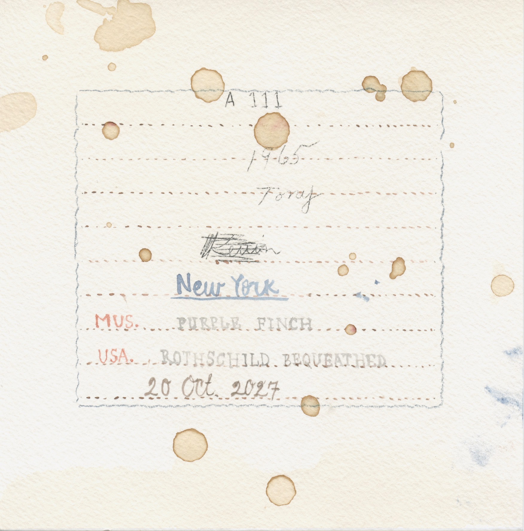 Future Extinct. Watercolor, tea and ink on paper. 6"x6". 2023.