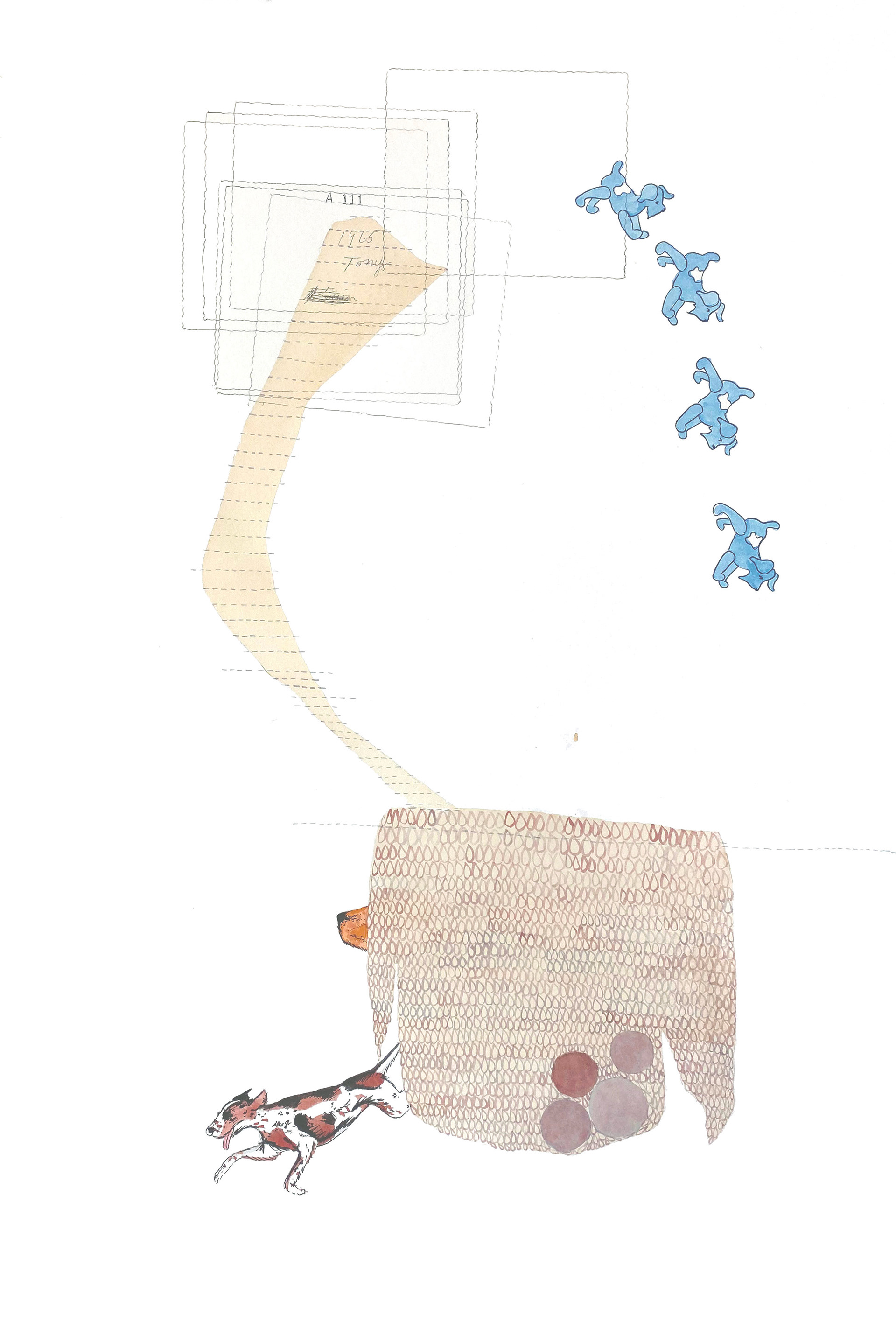 Dog Run. 2023. Watercolor and gouache and tea on paper. 12"x20".
