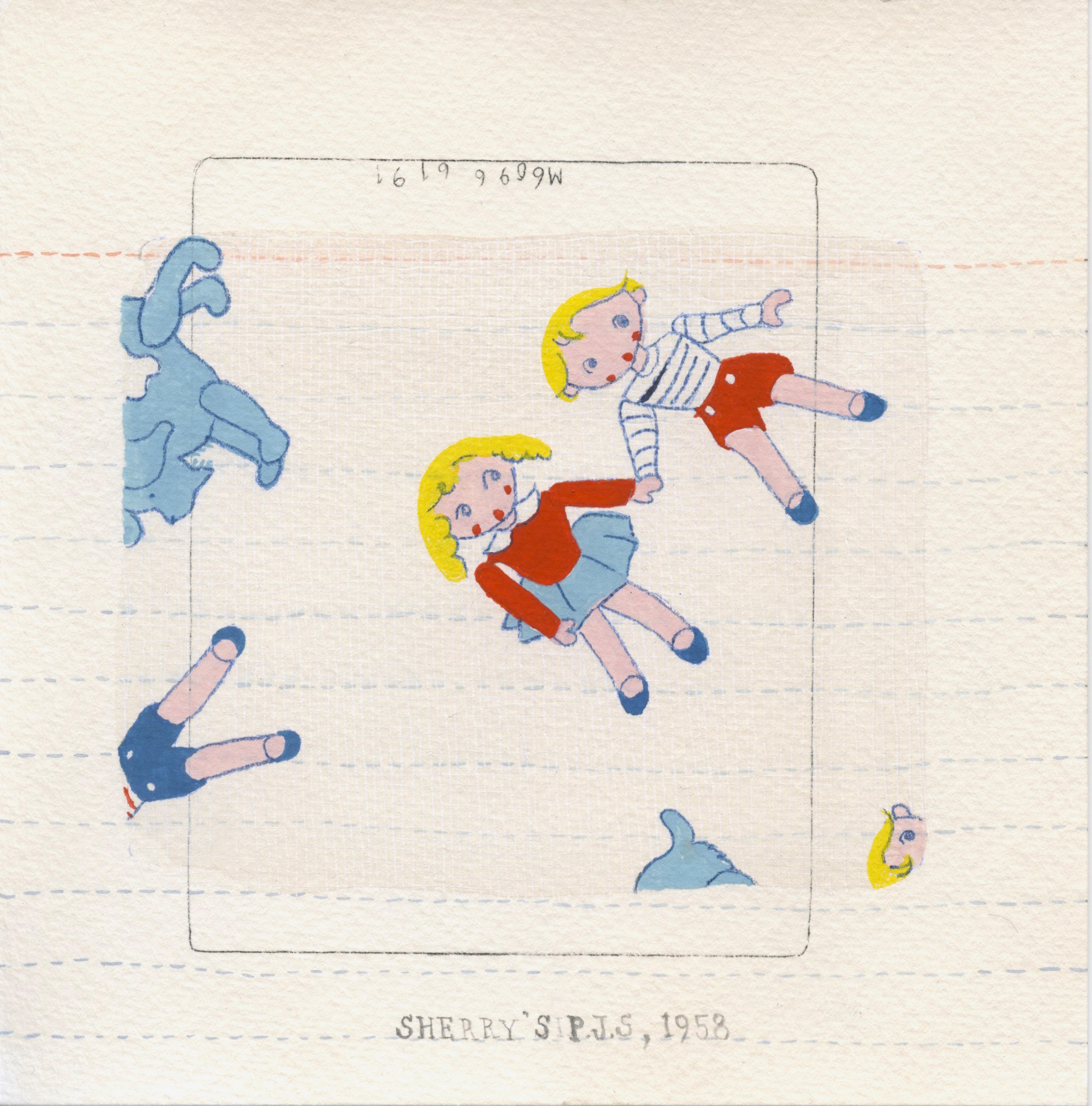 Sherry's PJs. 1958. 2023. Watercolor, pen and gouache on tea-stained paper. 6"x6".