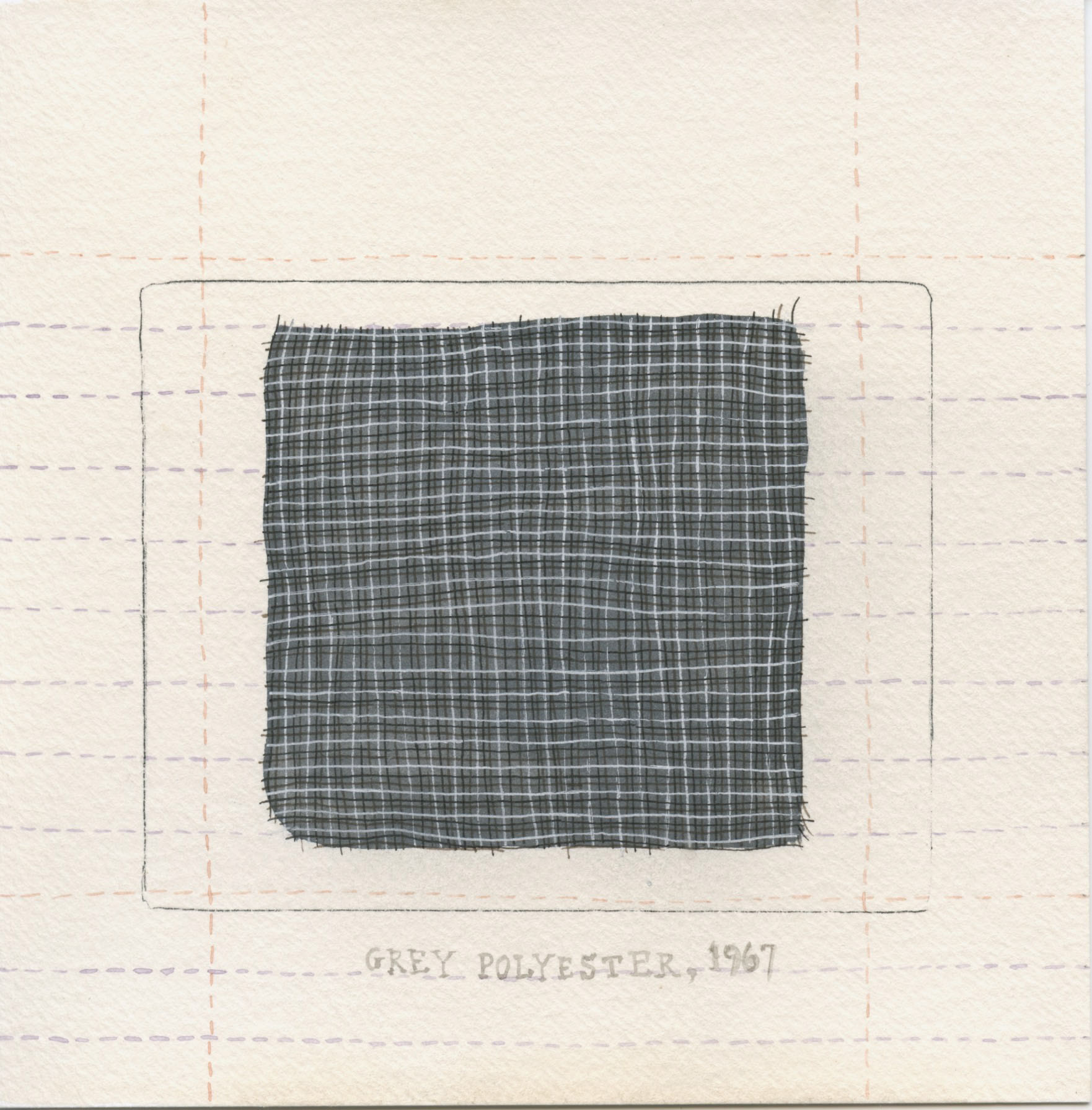 Grey Polyester, 1967. Watercolor, ink and carbon transfer on paper. 6"x6". 2023