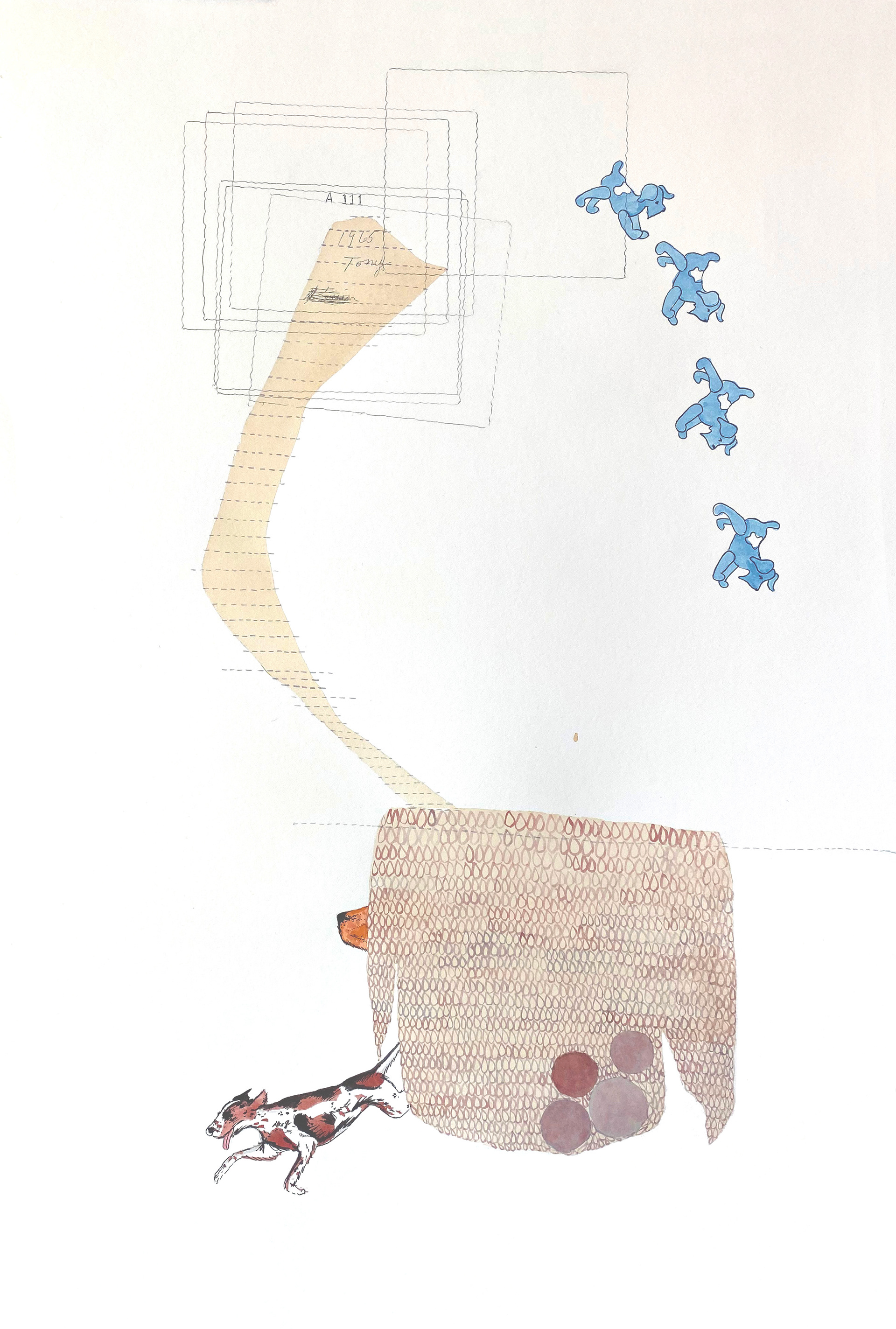 Dog Run. Watercolor, ink and carbon on paper. 15"x22". 2023.