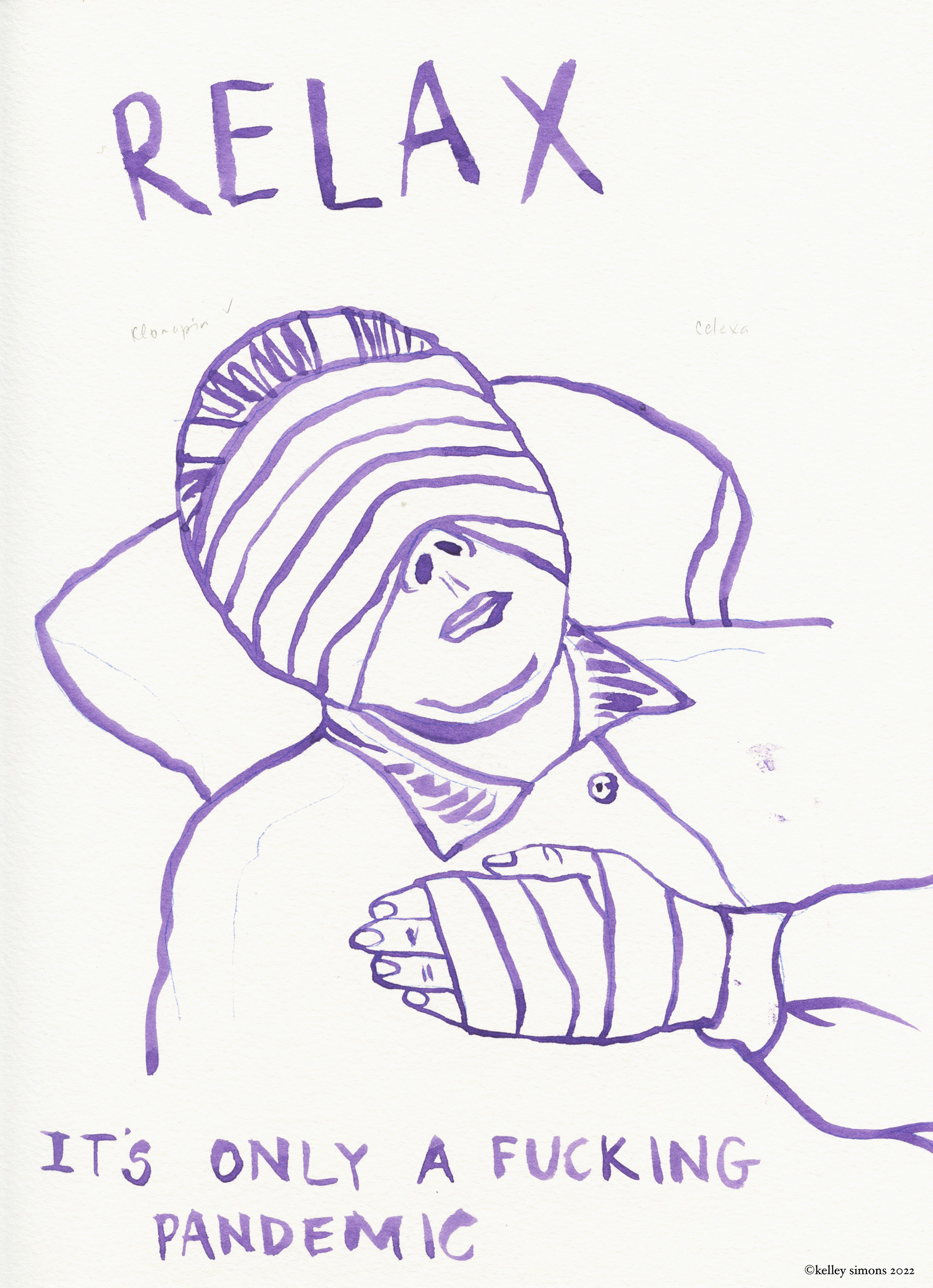 RELAX. Ink and pencil on paper. 9"x12". 2022.