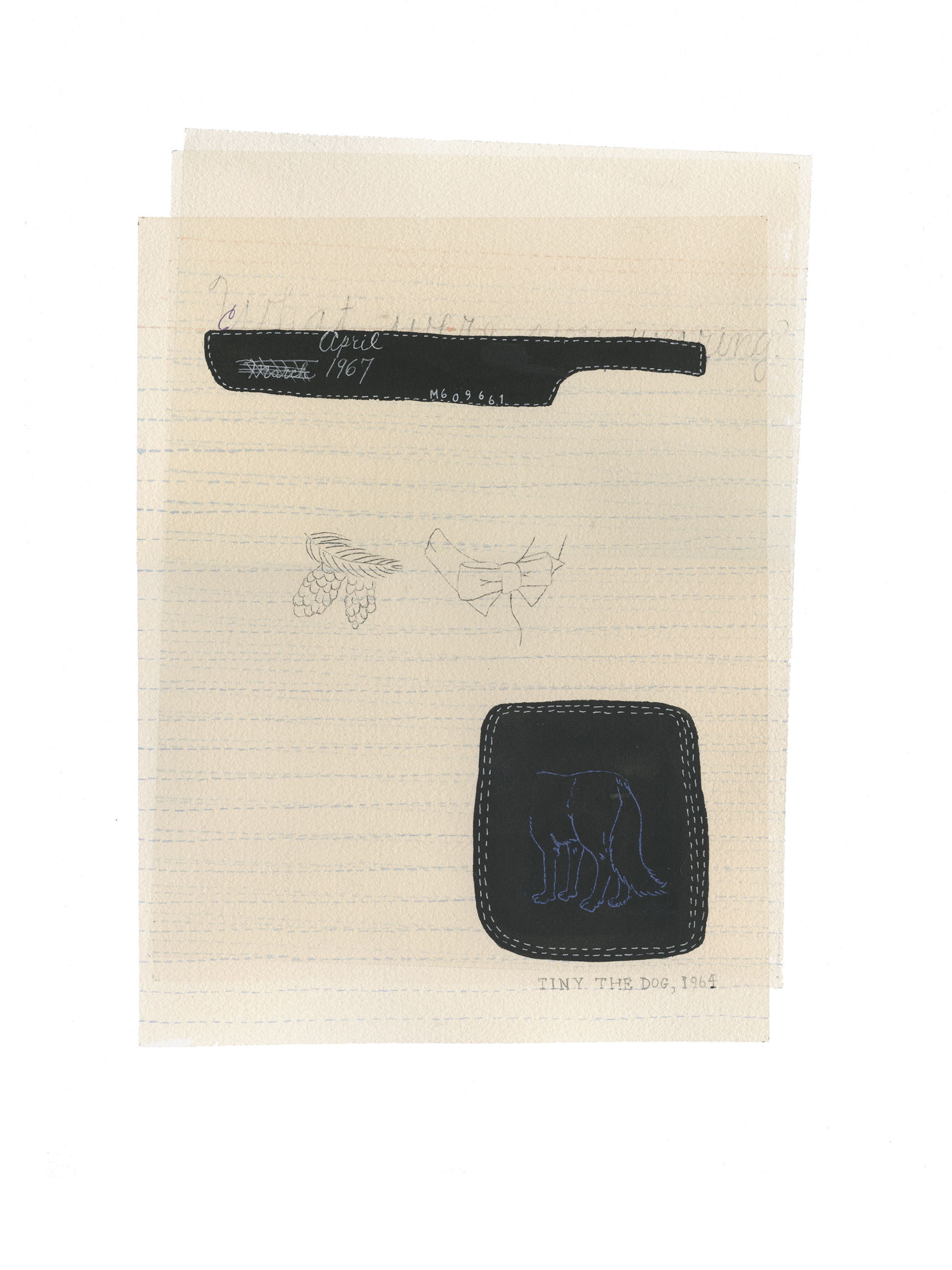 Tiny the Dog, 1964. Watercolor, tea and carbon transfer on paper. 12"x16". 2023