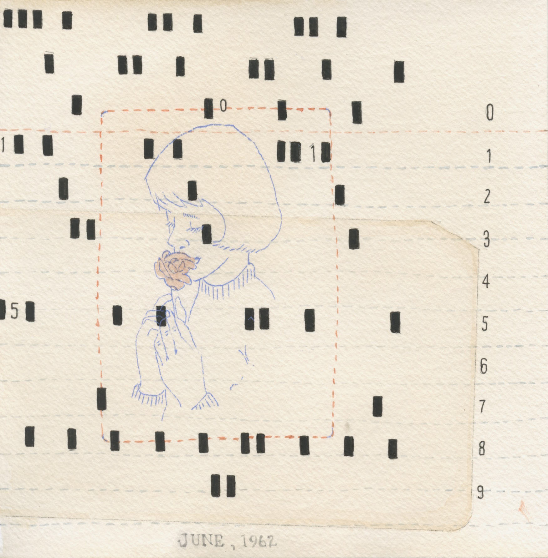 June, 1962. Watercolor, pen and gouache on tea-stained paper. 6"x6". 2023.