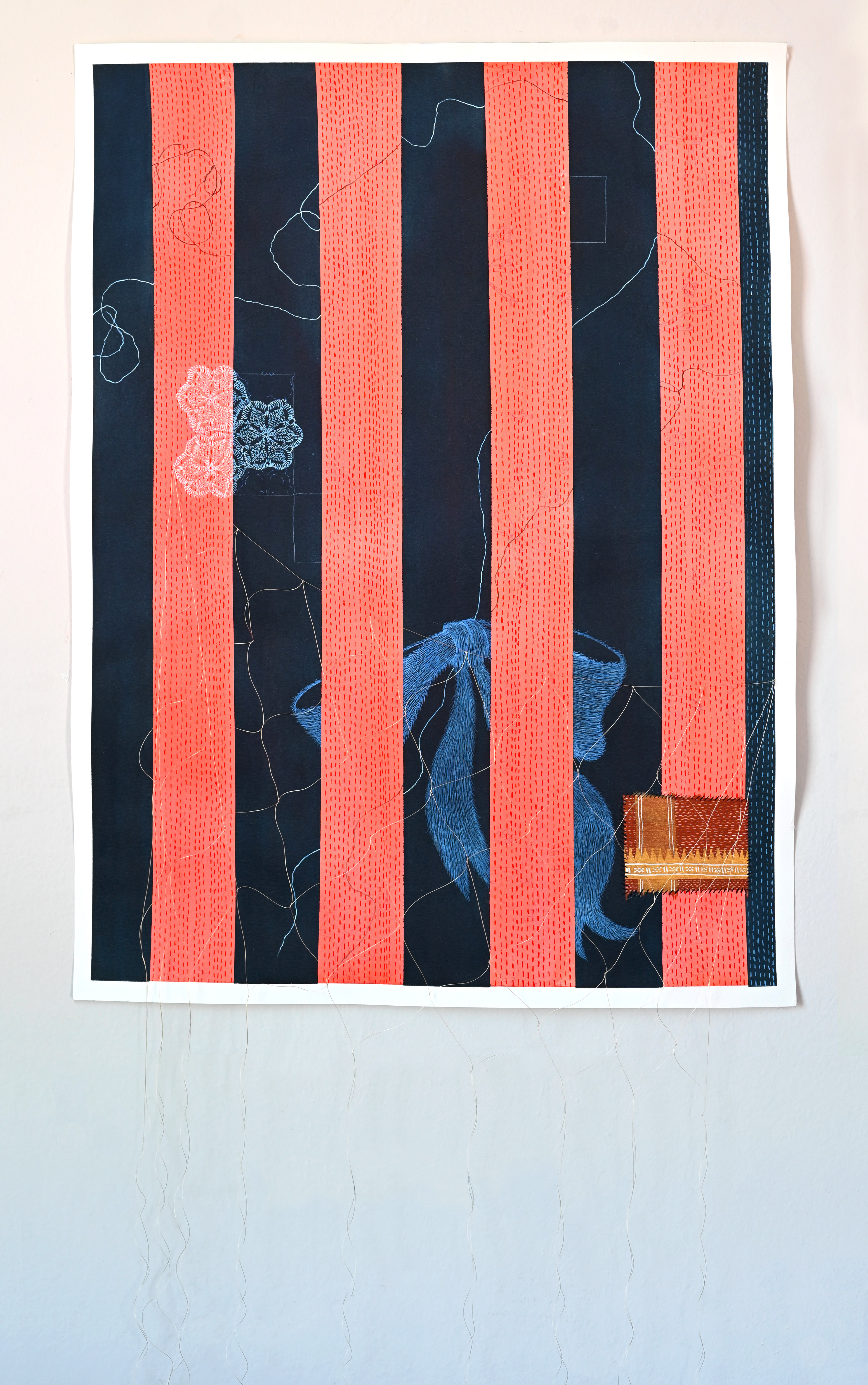 The Sanguinary Laws of Men. 2024. Ink, acrylic and thread on paper. 18"x24".