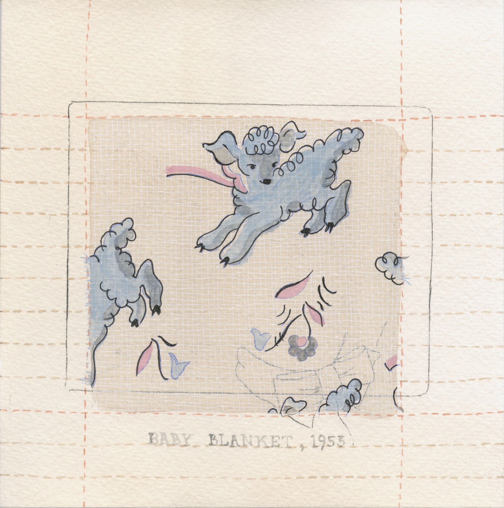 Baby Blanket, 1953. Watercolor, pen and gouache on tea-stained paper. 6"x6". 2023.