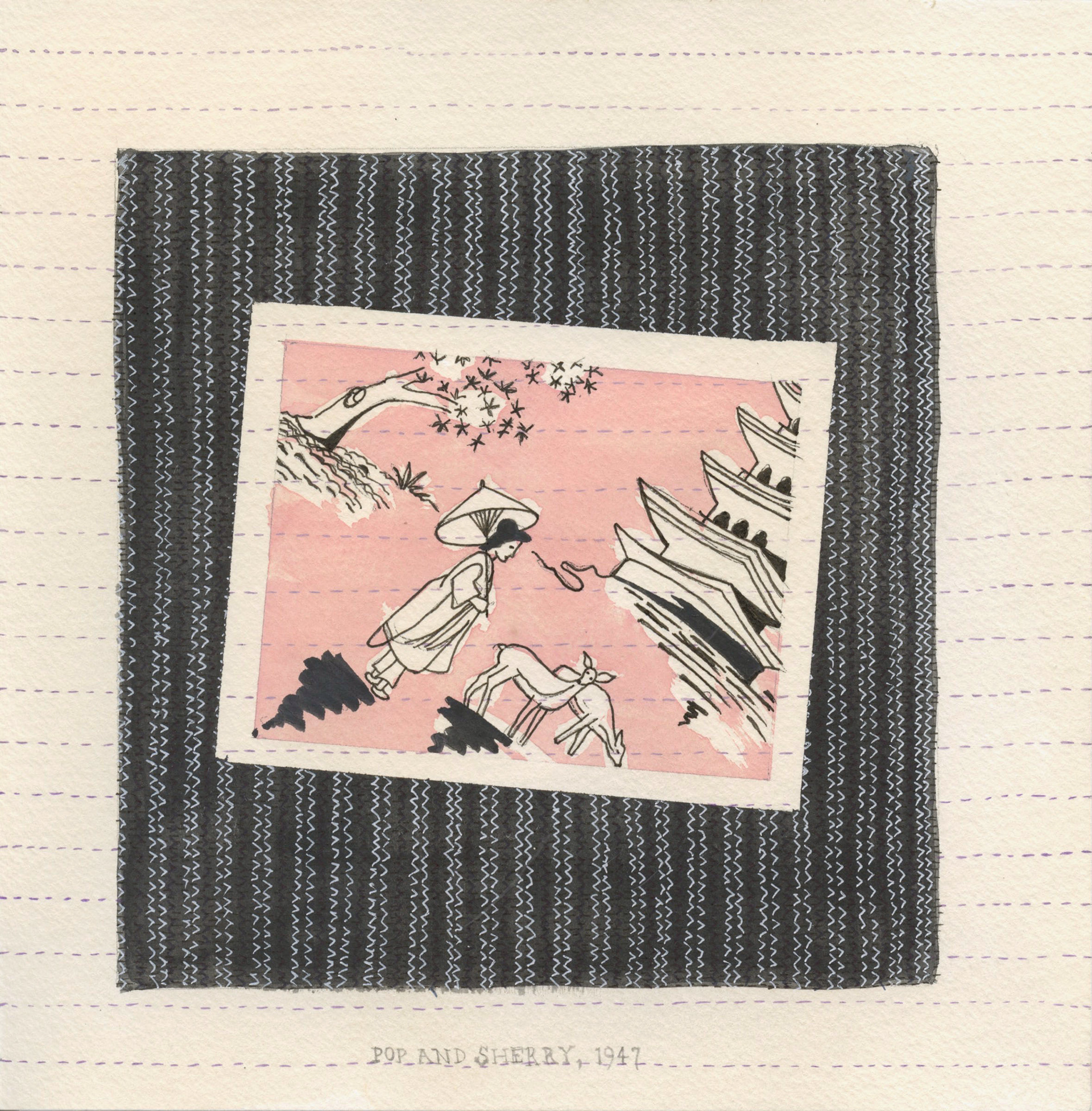 Pop and Sherry, 1947. 2023. Watercolor, pen and gouache on tea-stained paper. 8"x8".
