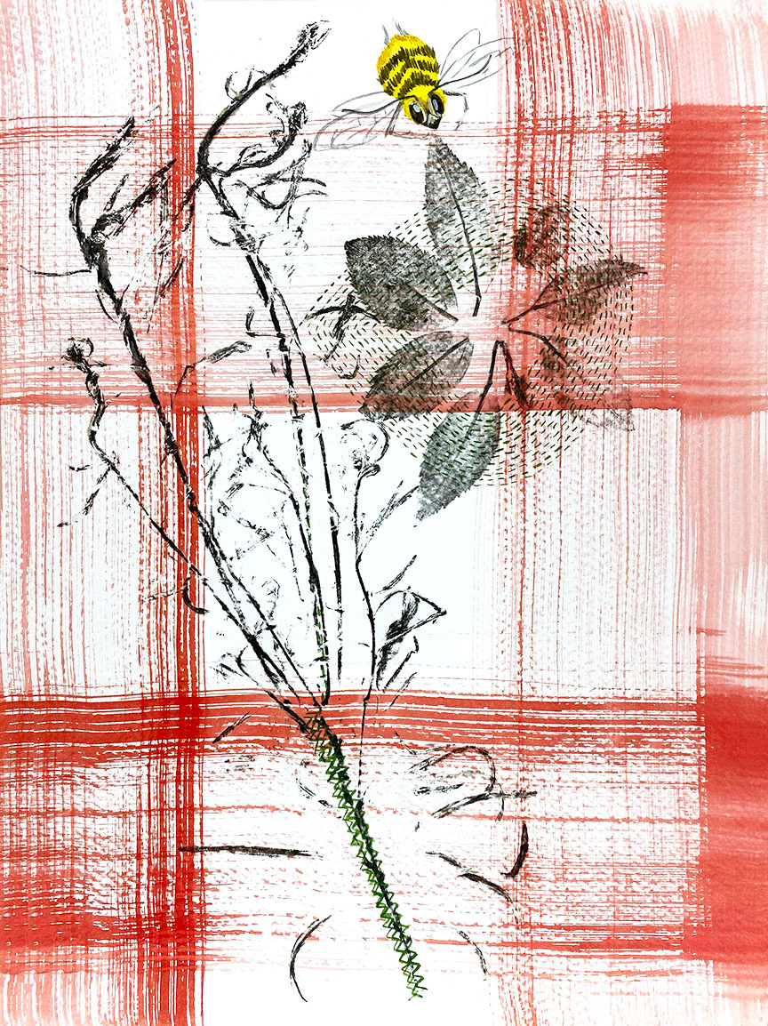 Study for Wallpaper. 2023. Watercolor, ink and botanical print on paper. 9"x12".