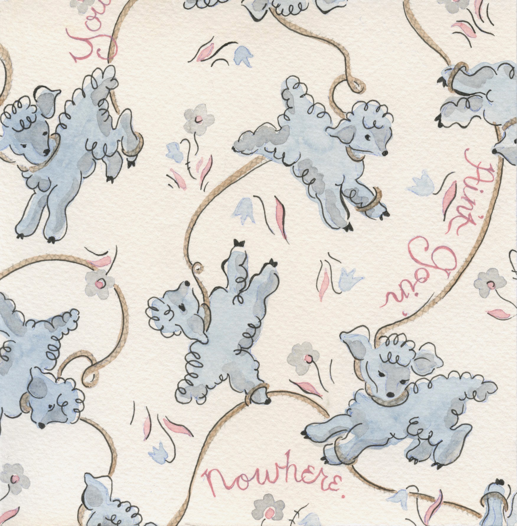 You Ain’t Goin’ Nowhere (Fabric for the Nursery). Watercolor and gouache on tea-stained paper. 6"x6". 2023.