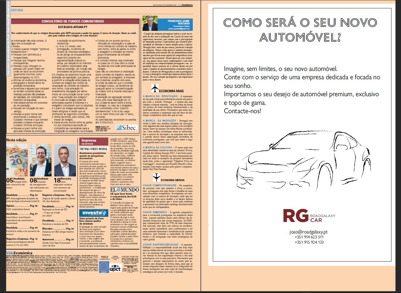 Advertising page created for the newspaper "Vida Económica" of the RoadgalaxyCar brand. ( Página publicitária criada para o jornal "Vida Económica" da marca RoadgalaxyCar. )