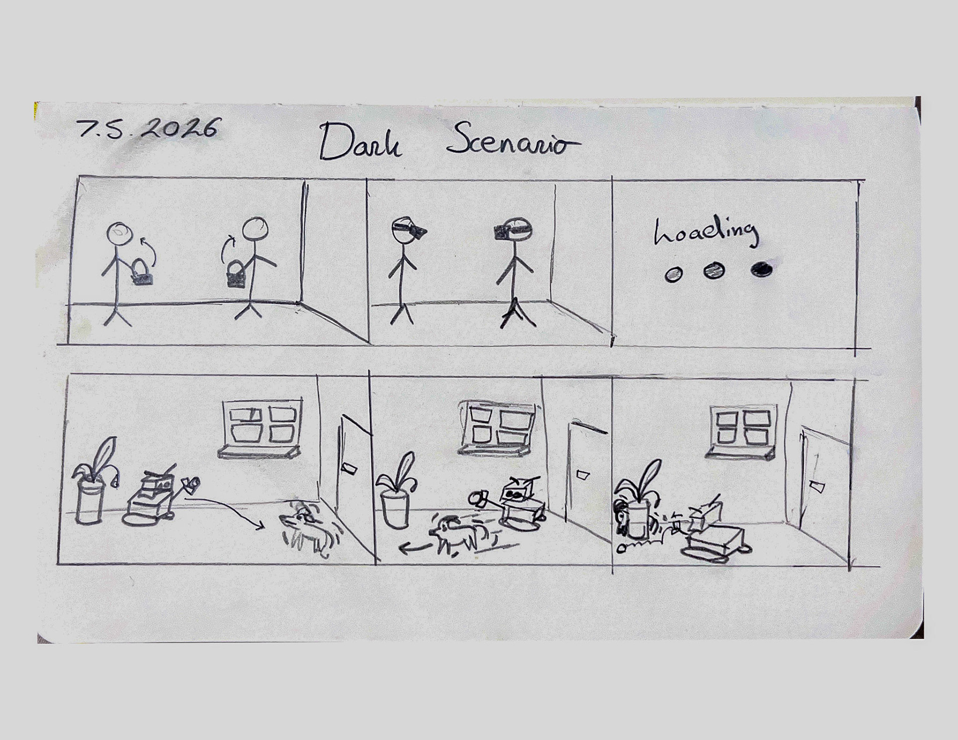 Figure 3. Dark scenario storyboard showing a negative pet-robot interaction, where the robot’s behaviour increases stress instead of reducing it.