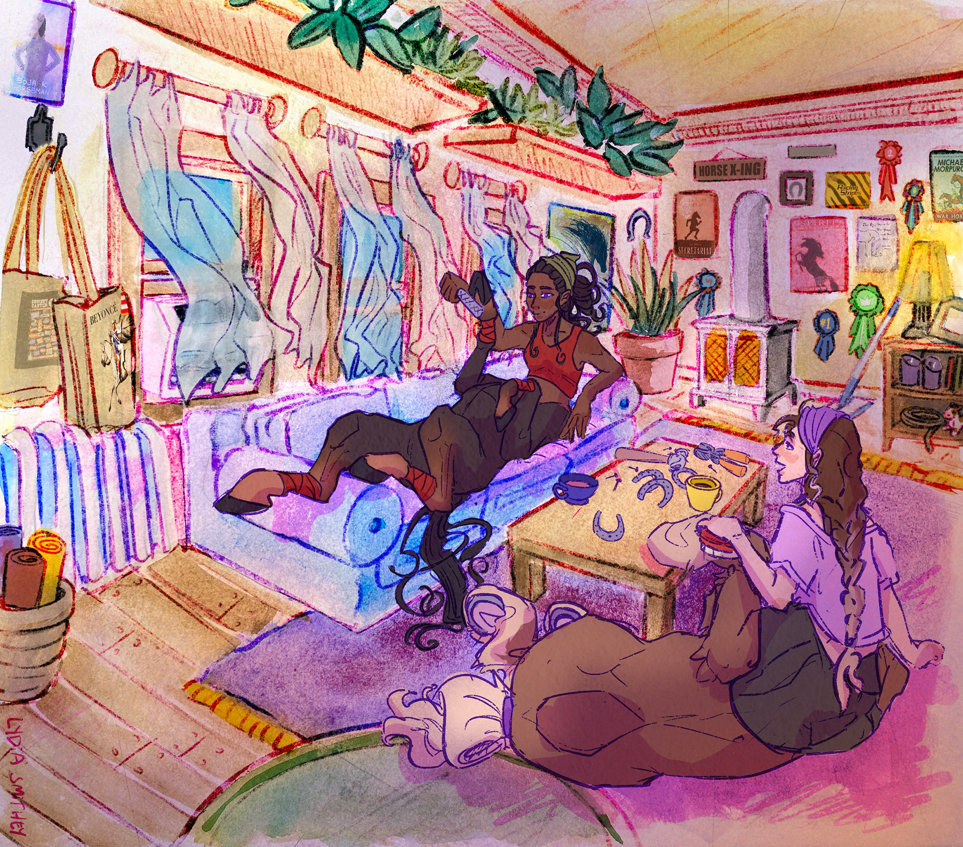 “Centaur Sleepover” (2024) - 9 x 11 in (approx) - Digital Illustration, Watercolor, Colored Pencil