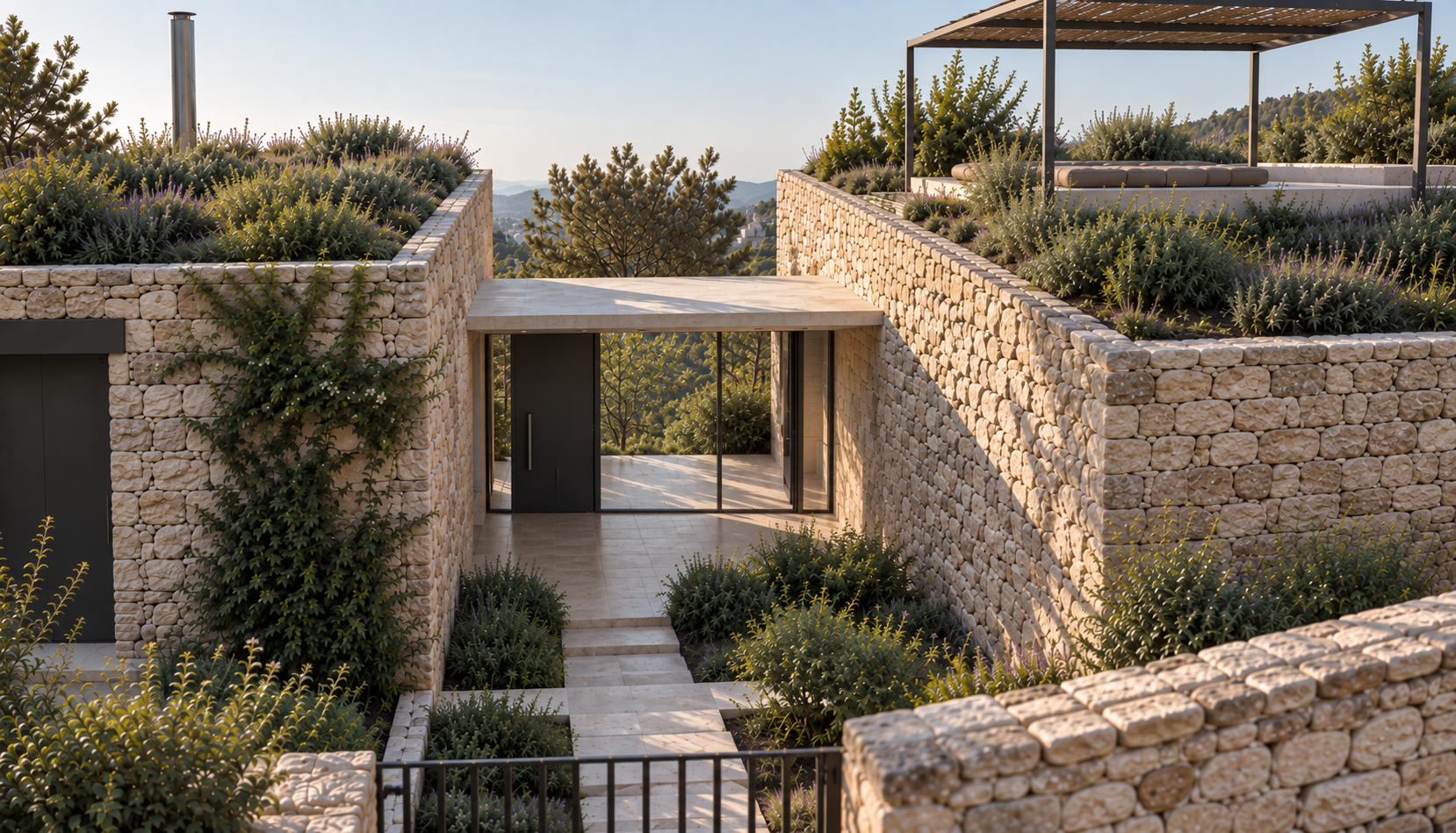 House 1 is entirely positioned below the existing road level. Access becomes a descent into nature, through a stairway surrounded by Mediterranean vegetation. The architecture is deliberately discovered rather than exposed. From above, the building almost disappears completely, absorbed into the surrounding landscape. 
