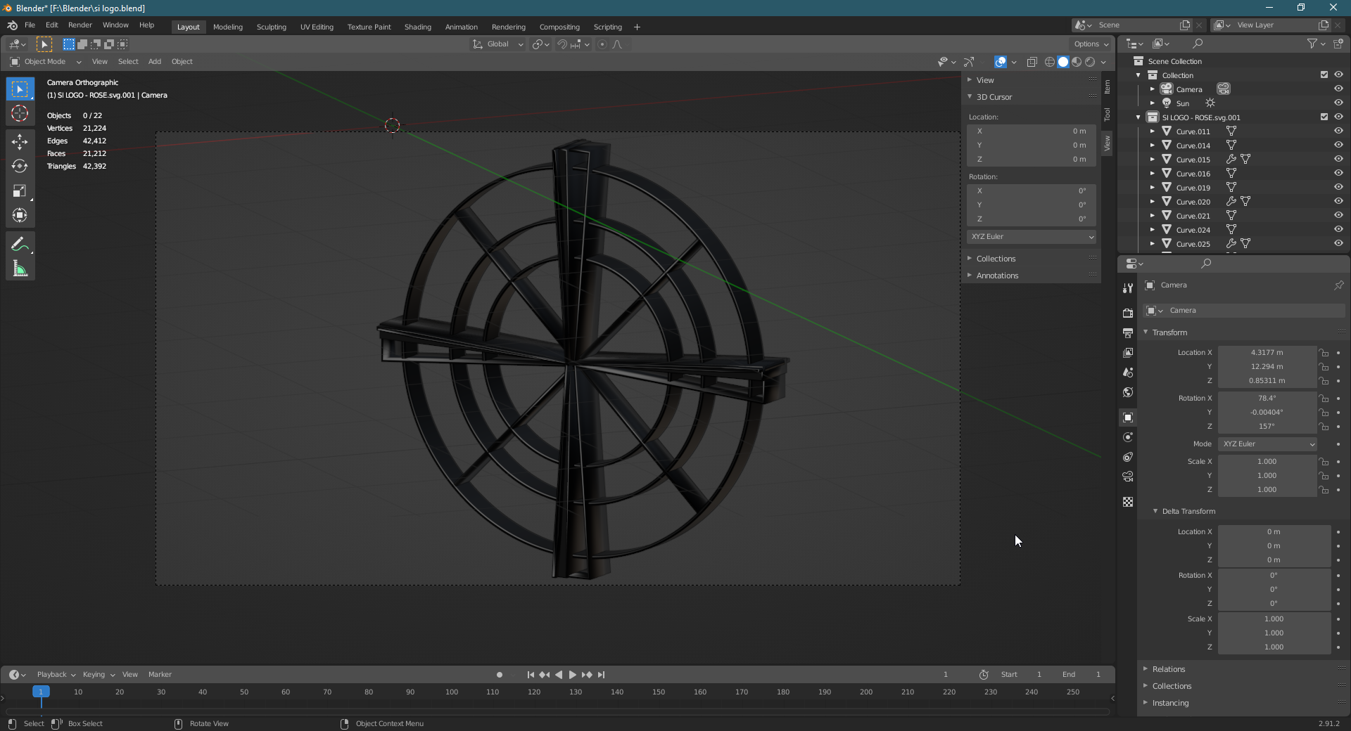 3D model of redesgined logo. Converted the SVG exported from Illustrator and imported to Blender then made adjustments as necessary.