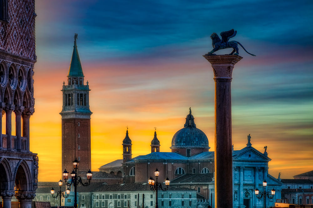 #2146 Looking Towards the Island of San Giorgio Maggiore at Dusk from St. Mark's Square with the Winged Lion in Venice