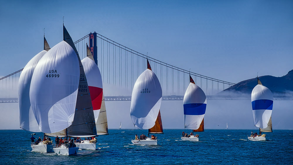 #4604 Yacht Racing, with Spinnakers up, on San Francisco Bay with the Golden Gate Bridge in Background