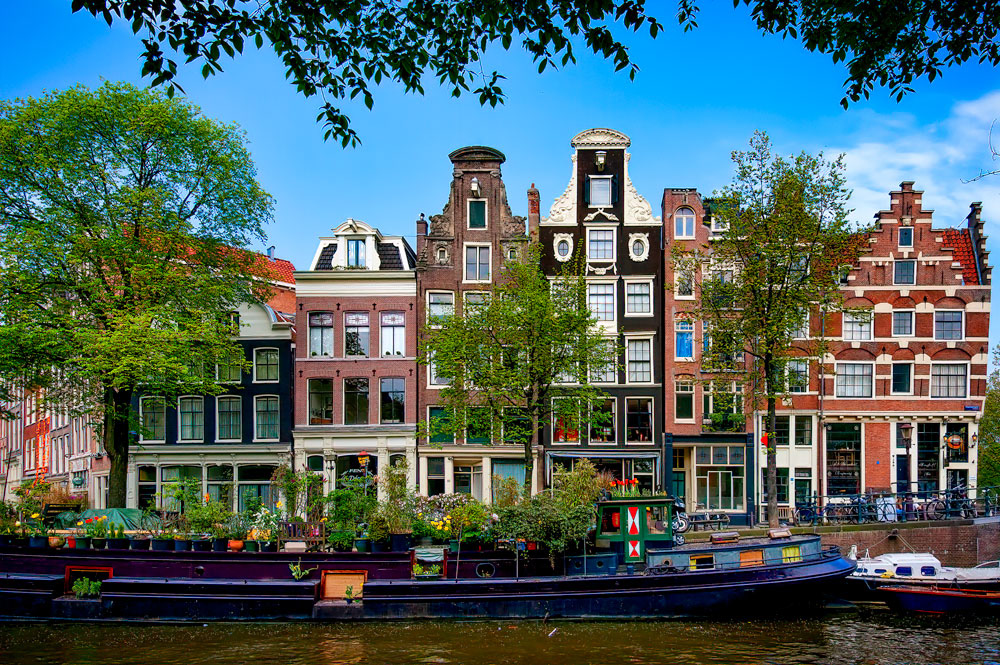 #2401 Houseboat and Colorful Houses on Canal in Amsterdam