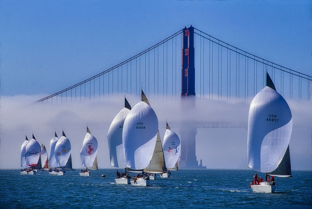 #4603 Yacht Racing, with Spinnakers up, on San Francisco Bay, with the Golden Gate Bridge in Background