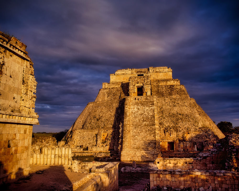 #4046 The Pyramid of the Magician, in the setting Sun, in the Mayan Ruins of Uxma.